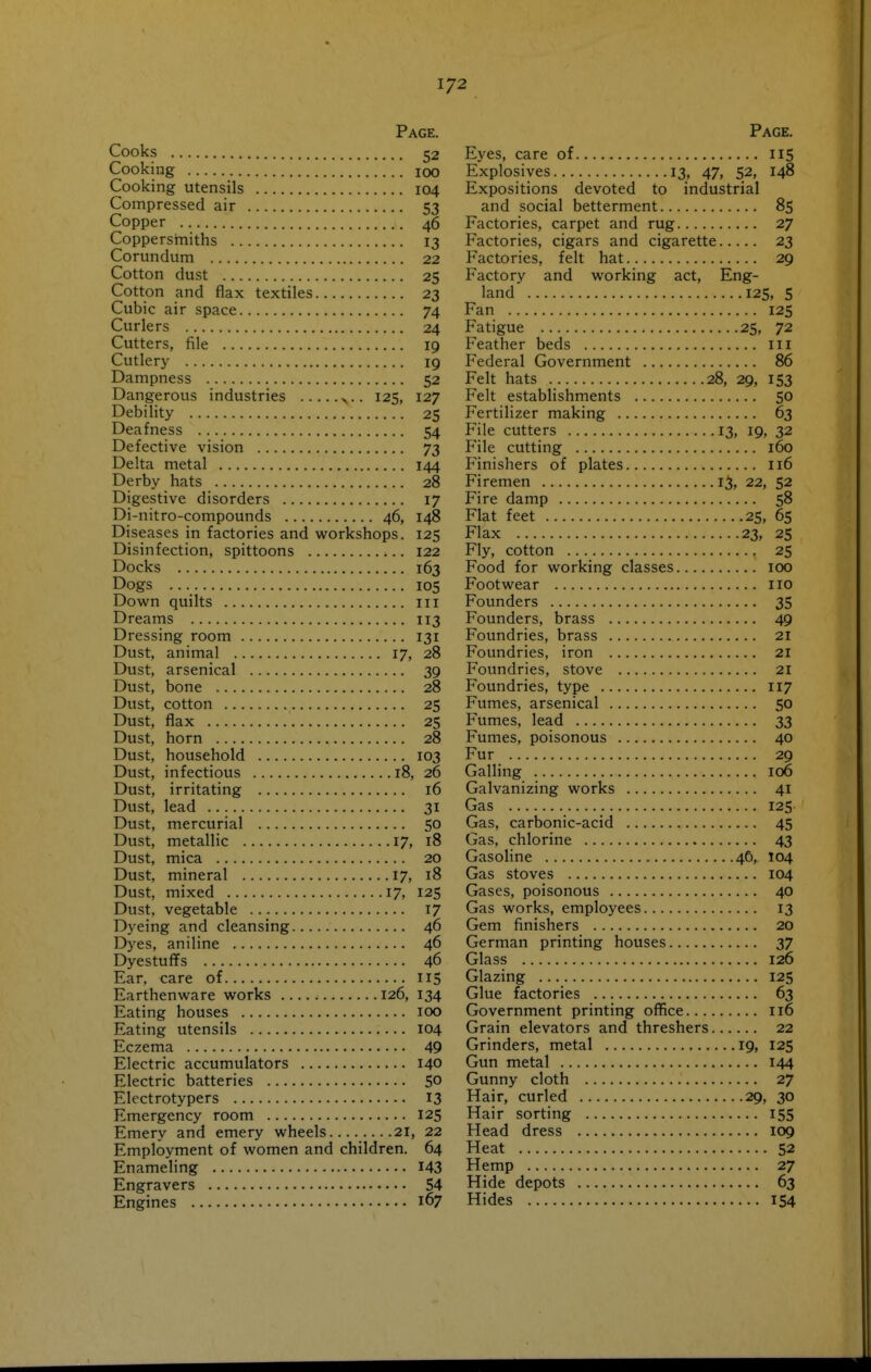 1/2 Page. Cooks 52 Cooking 100 Cooking utensils 104 Compressed air 53 Copper 46 Coppersiniths 13 Corundum 22 Cotton dust 25 Cotton and flax textiles 23 Cubic air space 74 Curlers 24 Cutters, file 19 Cutlery 19 Dampness 52 Dangerous industries 125, 127 Debility 25 Deafness 54 Defective vision 73 Delta metal 144 Derby hats 28 Digestive disorders 17 Di-nitro-compounds 46, 148 Diseases in factories and workshops. 125 Disinfection, spittoons 122 Docks 163 Dogs 105 Down quilts iii Dreams 113 Dressing room 131 Dust, animal 17, 28 Dust, arsenical 39 Dust, bone 28 Dust, cotton 25 Dust, flax 25 Dust, horn 28 Dust, household 103 Dust, infectious 18, 26 Dust, irritating 16 Dust, lead 31 Dust, mercurial 50 Dust, metallic 17, 18 Dust, mica 20 Dust, mineral 17, 18 Dust, mixed 17, 125 Dust, vegetable 17 Dyeing and cleansing 46 Dyes, aniline 46 DyestuflFs 46 Ear, care of 115 Earthenware works 126, 134 Eating houses 100 Eating utensils 104 Eczema 49 Electric accumulators 140 Electric batteries 50 Electrotypers 13 Emergency room 125 Emery and emery wheels 21, 22 Employment of women and children. 64 Enameling 143 Engravers 54 Engines 167 Page. E3'es, care of 115 Explosives 13, 47, 52, 148 Expositions devoted to industrial and social betterment 85 Factories, carpet and rug 27 Factories, cigars and cigarette 23 Factories, felt hat 29 Factory and working act, Eng- land 125, 5 Fan 125 Fatigue 25, 72 Feather beds ill Federal Government 86 Felt hats 28, 29, 153 Felt establishments 50 Fertilizer making 63 File cutters 13, 19, 32 File cutting 160 Finishers of plates 116 Firemen 13, 22, 52 Fire damp 58 Flat feet 25, 65 Flax 23, 25 Fly, cotton 25 Food for working classes 100 Footwear iio Founders 35 Founders, brass 49 Foundries, brass 21 Foundries, iron 21 Foundries, stove 21 Foundries, type 117 Fumes, arsenical 50 Fumes, lead 33 Fumes, poisonous 40 Fur 29 Galling 106 Galvanizing works 41 Gas 125 Gas, carbonic-acid 45 Gas, chlorine 43 Gasoline 46, 104 Gas stoves 104 Gases, poisonous 40 Gas works, employees 13 Gem finishers 20 German printing houses 37 Glass 126 Glazing 125 Glue factories 63 Government printing office 116 Grain elevators and threshers 22 Grinders, metal 19, 125 Gun metal 144 Gunny cloth 27 Hair, curled 29, 30 Hair sorting 155 Head dress 109 Heat 52 Hemp 27 Hide depots 63 Hides 154