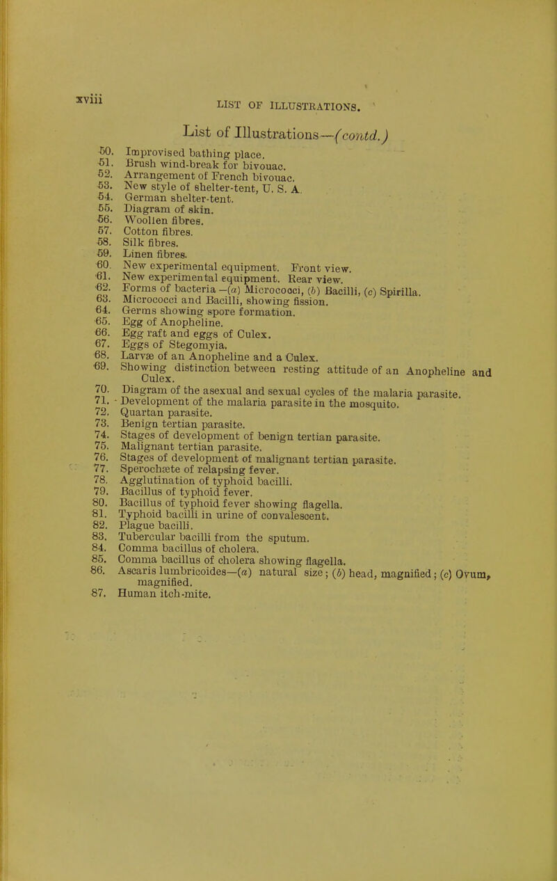 LIST OF ILLUSTRATIONS. List of I\\ustra,tions—(contd.) 50. Improvised bathing place. •61. Brush wind-break for bivouac. 62. Arrangement of French bivouac. 63. New style of shelter-tent, U. S. A. 64. German shelter-tent. 56. Diagram of skin. 66. Woollen fibres. 67. Cotton fibres. 68. Silk fibres. 69. Linen fibres. 60. New experimental equipment. Front view. ■61. New experimental equipment. Rear view. ■62. Forms of bacteria -(a) Micrococci, {b) Bacilli, (c) Spirilla. bd. Micrococci and Bacilli, showing fission. 64. Germs showing spore formation. ■65. Egg of Anopheline. 66. Egg raft and eggs of Culex. 67. Eggs of Stegomyia. 68. Larvae of an Anopheline and a Culex. «9. Showing distinction between resting attitude of an Anopheline and Culex. 70. Diagram of the asexual and sexual cycles of the malaria parasite 71. - Development of the malaria parasite in the mosquito. 72. Quartan parasite. 73. Benign tertian parasite. 74. Stages of development of benign tertian parasite. 75. Malignant tertian parasite. 76. Stages of development of malignant tertian parasite. 77. Speroch^ete of relapsing fever. 78. Agglutination of typhoid bacilli. 79. Bacillus of typhoid fever, 80. Bacillus of typhoid fever showing flagella. 81. Typhoid bacilli in urine of convalescent. 82. Plague bacilli. 83. Tubercular bacilli from the sputum. 84. Comma bacillus of cholera. 85. Comma bacillus of cholera showing flagella. 86. Ascaris lumbricoidea—(a) natural size; (b) head, magnified: (c) Ovum. magnified. 87. Human itch-mite.