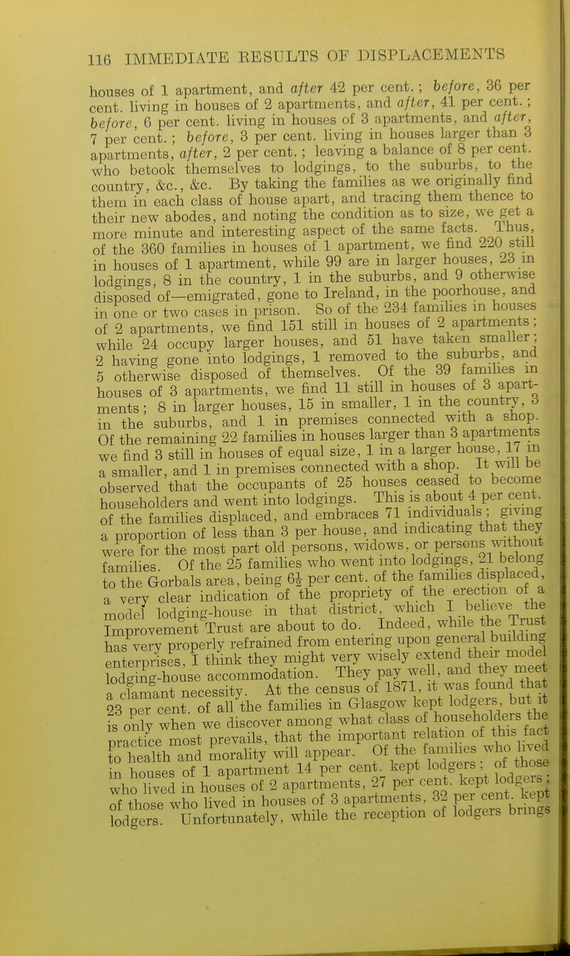 houses of 1 apartment, and after 42 per cent. ; before, 36 per cent, living in houses of 2 apartments, and after, 41 per cent. ; before, 6 per cent, living in houses of 3 apartments, and after, 7 per cent. ; before, 3 per cent, living in houses larger than 3 apartments, after, 2 per cent. ; leaving a balance of 8 per cent, who betook themselves to lodgings, to the suburbs, to the country, &c, &c. By taking the families as we originally find them in each class of house apart, and tracing them thence to their new abodes, and noting the condition as to size, we get a more minute and interesting aspect of the same facts 1 bus of the 360 families in houses of 1 apartment, we rind 22U still in houses of 1 apartment, while 99 are in larger houses, 23 m lodgings, 8 in the country, 1 in the suburbs, and 9 otherwise disposed of—emigrated, gone to Ireland, in the poorhouse, and in one or two cases in prison. So of the 234 families m houses of 2 apartments, we find 151 still in houses of 2 apartments; while 24 occupy larger houses, and 51 have taken smaller; 2 having gone into lodgings, 1 removed to the suburbs, and 5 otherwise disposed of themselves. Of the 39 families m houses of 3 apartments, we find 11 still in houses of 3 apart- ments' 8 in larger houses, 15 in smaller, 1 m the country, o in the suburbs, and 1 in premises connected with a shop. Of the remaining 22 families in houses larger than 3 apartments we find 3 still in houses of equal size, 1 in a larger house, 17 m a smaller, and 1 in premises connected with a shop. It will De observed that the occupants of 25 houses ceased to become householders and went into lodgings. This is about 4 per cent. of the families displaced, and embraces 71 individuals ; giving a proportion of less than 3 per house, and indicating that they were for the most part old persons, widows or persons without families Of the 25 families who went into lodgings, 21 belong to the Gorbals area, being 6* per cent, of the families displaced a very clear indication of the propriety of the erec ion of a model lodging-house in that district, which I believe the Movement Trust are about to do. Indeed, while he Trust has very properly refrained from entering upon general building Pnternrises I think they might very wisely extend their model SSi accommodation. They pay well and they meet a damant necessity. At the census of 1871, it was found that 23 S cent of all the families in Glasgow kept lodgers but it K wt we discover among what class of householders the nractice most prevails, that the important relation of this fact L htalth and Morality will appear. Of the families who lived in houses of 1 apartment 14 per cent kept lodgers of those who lived in houses of 2 apartments, 27 per cent. of those who lived in houses of 3 apartments, 32 per cent kept lodge™ Unfortunately, while the reception of lodgers brings
