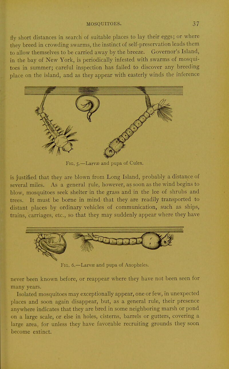 fly short distances in search of suitable places to lay their eggs; or where they breed in crowding swarms, the instinct of self-preservation leads them to allow themselves to be carried away by the breeze. Governor's Island, in the bay of New York, is periodically infested with swarms of mosqui- toes in summer; careful inspection has failed to discover any breeding place on the island, and as they appear with easterly winds the inference Fig. s.—Larvae and pupa of Culex. is justified that they are blown from Long Island, probably a distance of several miles. As a general rule, however, as soon as the wind begins to blow, mosquitoes seek shelter in the grass and in the lee of shrubs and trees. It must be borne in mind that they are readily transported to distant places by ordinary vehicles of communication, such as ships, trains, carriages, etc., so that they may suddenly appear where they have Fig. 6.—Larvae and pupa of Anopheles. never been known before, or reappear where they have not been seen for many years. Isolated mosquitoes may exceptionally appear, one or few, in unexpected places and soon again disappear, but, as a general rule, their presence anywhere indicates that they are bred in some neighboring marsh or pond on a large scale, or else in holes, cisterns, barrels or gutters, covering a large area, for unless they have favorable recruiting grounds they soon become extinct.