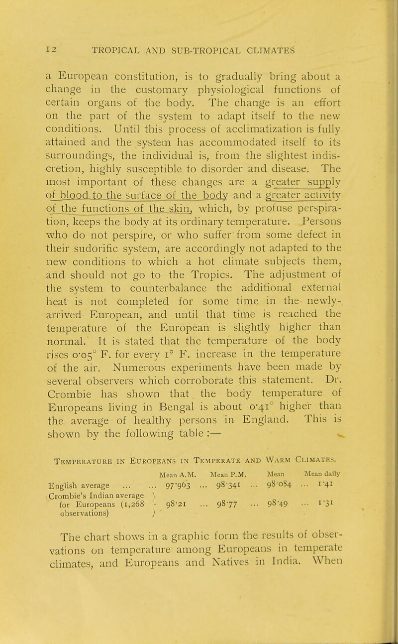 a European constitution, is to gradually bring about a change in the customary physiological functions of certain organs of the body. The change is an effort on the part of the system to adapt itself to the new conditions. Until this process of acclimatization is fully attained and the system has accommodated itself to its surroundings, the individual is, from the slightest indis- cretion, highly susceptible to disorder and disease. The most important of these changes are a greater supply oJ_bla^djQjhe_suj^ce^^ and a greater activity oJ_the functions of the skiiij which, by profuse perspira- tion, keeps the body at its ordinary temperature. Persons who do not perspire, or who suffer from some defect in their sudorific system, are accordingly not adapted to the new conditions to which a hot climate subjects them, and should not go to the Tropics. The adjustment of the system to counterbalance the additional external heat is not completed for some time in the newly- arrived European, and until that time is reached the temperature of the European is slightly higher than normal. It is stated that the temperature of the body rises 0-05° F. for every 1° F. increase in the temperature of the air. Numerous experiments have been made by several observers which corroborate this statement. Dr. Crombie has shown that. the body temperature of Europeans living in Bengal is about 0-41° higher than the average of healthy persons in England. This is shown by the following table :— v Temperature in Europeans in Temperate and Warm Climates. Mean A.M. Mean P.M. Mean Mean daily English average 97*963 ••• 98'34i ••• 9^'oS4 ... 1-41 Crombie's Indian average ] for Europeans (1,268 [ 98-21 ... 9877 ... 9849 ••• i3' observations) j ' • The chart shows in a graphic form the results of obser- vations on temperature among Europeans in temperate climates, and Europeans and Natives in India. When