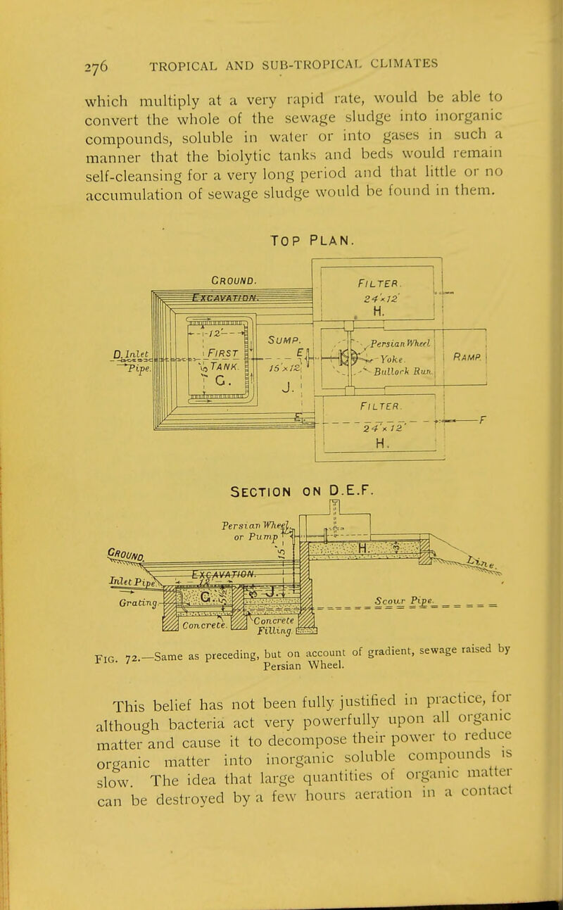 which multiply at a very rapid rate, would be able to convert the whole of the sewage sludge into inorganic compounds, soluble in water or into gases in such a manner that the biolytic tanks and beds would remain self-cleansing for a very long period and that little or no accumulation of sewage sludge would be found in them. Tersiav Wheel, or Pump _ §s°.y£ £\E^— = == = = Concrete ^ Filling Fig 72 -Same as preceding, but on account of gradient, sewage raised by Persian Wheel. This belief has not been fully justified in practice, for although bacteria act very powerfully upon all organic matter and cause it to decompose their power to reduce organic matter into inorganic soluble compounds is slow The idea that large quantities of organic matter can be destroved by a few hours aeration m a contact