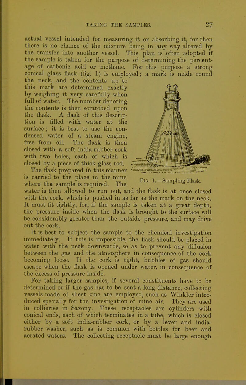 Fig. 1.—Sampling Flask. actual vessel intended for measuring it or absoi'bing it, for then there is no chance of the mixture being in any way altered by the transfer into another vessel. This plan is often adopted if the sample is taken for the purpose of determining the percent- age of carbonic acid or methane. For this purpose a strong conical glass flask (fig. 1) is employed; a mark is made round the neck, and the contents up to this mark are determined exactly by weighing it very carefully when full of water. The number denoting the contents is then scratched upon the flask. A flask of this descrip- tion is filled with water at the surface; it is best to use the con- densed water of a steam engine, free from oil. The flask is then closed with a soft india-rubber cork with two holes, each of which is closed by a piece of thick glass rod. The flask prepared in this maniier is carried to the place in the mine where the sample is required. The water is then allowed to run out, and the flask is at once closed with the cork, which is pushed in as far as the mark on the neck. It must fit tightly, for, if the sample is taken at a great depth, the pressure inside when the flask is brought to the surface will be considerably greater than the outside pressure, and may drive out the cork. It is best to subject the sample to the chemical investigation immediately. If this is impossible, the flask should be placed in water with the neck downwards, so as to prevent any difiiision between the gas and the atmosphere in consequence of the cork becoming loose. If the cork is tight, bubbles of gas should escape when the flask is opened under water, in consequence of the excess of pressure inside. For taking larger samples, if several constituents have to be determined or if the gas has to be sent a long distance, collecting vessels made of sheet zinc are employed, such as Winkler intro- duced specially for the investigation of mine air. They are used in collieries in Saxony. These receptacles are cylinders with conical ends, each of which terminates in a tube, which is closed either by a soft india-rubber cork, or by a lever and india- rubber washer, such as is common with bottles for beer and aerated waters. The collecting receptacle must be large enough