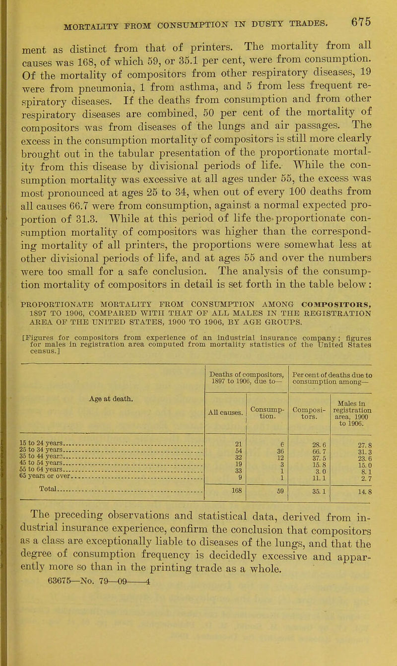 ment as distinct from that of printers. The mortality from all causes was 1G8, of which 59, or 35.1 per cent, were from consumption. Of the mortality of compositors from other respiratory diseases, 19 were from pneumonia, 1 from asthma, and 5 from less frequent re- spiratory diseases. If the deaths from consumption and from other respiratory diseases are combined, 50 per cent of the mortality of compositors was from diseases of the lungs and air passages. The excess in the consumption mortality of compositors is still more clearly brought out in the tabular presentation of the proportionate mortal- ity from this disease by divisional periods of life. While the con- sumption mortality was excessive at all ages voider 55, the excess was most pronounced at ages 25 to 34, when out of every 100 deaths from all causes 66.7 were from consumption, against a normal expected pro- portion of 31.3. While at this period of life the-proportionate con- sumption mortality of compositors was higher than the correspond- ing mortality of all printers, the proportions were somewhat less at other divisional periods of life, and at ages 55 and over the numbers were too small for a safe conclusion. The analysis of the consump- tion mortality of compositors in detail is set forth in the table below: PROPORTIONATE MORTALITY FROM CONSUMPTION AMONG COMPOSITORS, 1897 TO 1906, COMPARED WITH THAT OF ALL MALES IN THE REGISTRATION AREA OF THE UNITED STATES, 1900 TO 1906, BY AGE GROUPS. [Figures for compositors from experience of an industrial insurance company ; figures for males in registration area computed from mortality statistics of the United States census.] Age at death. Deaths of compositors, 1897 to 1900, due to— Per cen t of deaths due to consumption among— All causes. Consump- tion. Composi- tors. Males in registration area, 1900 to 1906. 21 54 32 19 33 9 6 36 12 3 1 1 28.6 66.7 37.5 15.8 3.0 11.1 27.8 31.3 23.6 15.0 8.1 2.7 Total 168 59 35.1 14.8 The preceding observations and statistical data, derived from in- dustrial insurance experience, confirm the conclusion that compositors as a class are exceptionally liable to diseases of the lungs, and that the degree of consumption frequency is decidedly excessive and appar- ently more so than in the printing trade as a whole. 63675—No. 79—09 4