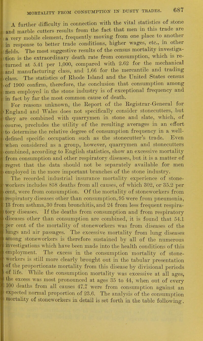 A further difficulty in connection with the vital statistics of stone I and marble cutters results from the fact that men in this trade are ,a very mobile element, frequently moving from one place to another i in response to better trade conditions, higher wages, etc., in other j fields. The most suggestive results of the census mortality investiga- iition is the extraordinary death rate from consumption, which is re- turned at 5.41 per 1,000, compared with 2.62 for the mechanical land manufacturing class, and 1.66 for the mercantile and trading class. The statistics of Rhode Island and the United States census .of 1900 confirm, therefore, the conclusion that consumption among imen employed in the stone industry is of exceptional frequency and in fact by far the most common cause of death. For reasons unknown, the Report of the Registrar-General for 'England and Wales does not specifically consider stonecutters, but ithey are combined with quarrymen in stone and slate, which, of (Course, precludes the utility of the resulting averages in an effort tto determine the relative degree of consumption frequency in a well- I defined specific occuj)ation such as the stonecutter's trade. Even when considered as a group, however, quarrymen and stonecutters f combined, according to English statistics, show an excessive mortality ■from consumption and other respiratory diseases, but it is a matter of regi^et that the data should not be separately available for men employed in the more important branches of the stone industry. The recorded industrial insurance mortality experience of stone- workers includes 858 deaths from all causes, of which 302, or 35.2 per cent, Avere from consumption. Of the mortality of stoneworkers from respiratory diseases other than consumption, 95 were from pneumonia, 13 from asthma, 30 from bronchitis, and 24 from less frequent respira- tory diseases. If the deaths from consumption and from respiratory diseases other than consumption are combined, it is found that 54.1 per cent of the mortality of stoneworkers was from diseases of the lungs and air passages. The excessive mortality from lung diseases among stoneworkers is therefore sustained by all of the numerous investigations which have been made into the health conditions of this employment. The excess in the consumption mortality of stone- workers is still more clearly brought out in the tabular presentation of the proportionate mortality from this disease by divisional periods of life. W^iile the consumption mortality was excessive at all ages, the excess was most pronounced at ages 35 to 44, when out of every 100 deaths from all causes 47.7 were from consumption against an expected normal proportion of 23.6. The analysis of the consumption mortality of stoneworkers in detail is set forth in the table following.