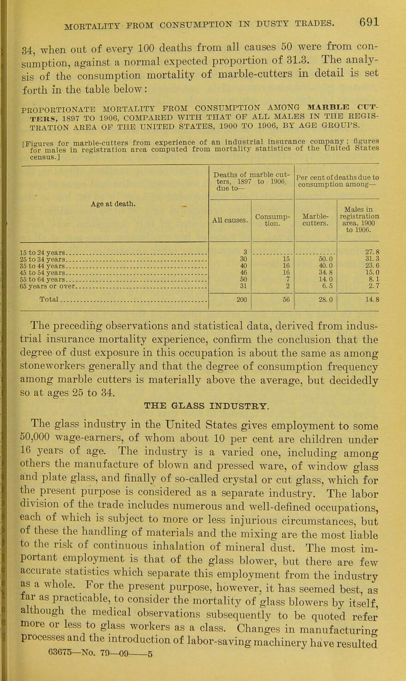 34 when out of every 100 deaths from all causes 60 were from con- sumption, against a normal expected proportion of 31.3. The analy- sis of the consumption mortality of marble-cutters in detail is set forth in the table below: PROPORTIONATE MORTALITY FROM CONSUMPTION AMONG MARBI.E CUT- TERS, 1897 TO 1906, COMPARED WITH THAT OF ALL MALES IN THE REGIS- TRATION AREA OF THE UNITED STATES, 1900 TO 1906, BY AGE GROUPS. [FiKures for marble-cutters from experience of an industrial insurance company ; figures for males in registration area computed from mortality statistics of the United States census.] Age at death. Deaths of marble cut- ters, 1897 to 1906, due to— All causes. Consump- tion. Per cent of deaths due to consumption among— Marble- cutters. Males in registration area, 1900 to 1900. 15 to 24 years... 25 to34 years... 35 to 44 years... 45 to 54 years... 55 to 64 years... 65 years or over Total 3 30 40 46 50 31 15 16 16 7 2 50.0 40.0 34.8 14.0 6.5 27.8 31.3 23.6 15.0 8.1 2.7 200 56 28.0 14.8 The preceding observations and statistical data, derived from indus- trial insurance mortality experience, confirm the conclusion that the degree of dust exposure in this occupation is about the same as among stoneworkers generally and that the degree of consumption frequency among marble cutters is materially above the average, but decidedly so at ages 25 to 34. THE GLASS INDUSTRY. The glass industry in the United States gives employment to some 50,000 wage-earners, of whom about 10 per cent are children under 16 years of age. The industry is a varied one, including among others the manufacture of blown and pressed ware, of window glass and plate glass, and finally of so-called crystal or cut glass, which for the present purpose is considered as a separate industry. The labor division of the trade includes numerous and well-defined occupations, each of which is subject to more or less injurious circumstances, but of these the handling of materials and the mixing are the most liable to the risk of continuous inhalation of mineral dust. The most im- portant employment is that of the glass blower, but there are few accurate statistics which separate this employment from the industry as a whole. For the present purpose, however, it has seemed best, as tar as practicable, to consider the mortality of glass blowers by itself, although the medical observations subsequently to be quoted refer more or less to glass workers as a class. Changes in manufacturing processes and the introduction of labor-saving machinery have resulted 63675—No. 79—09 5