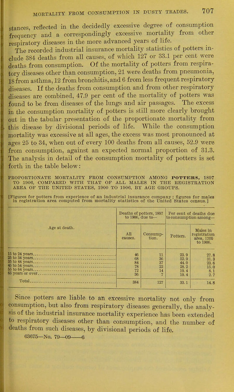 stances, reflected in the decidedly excessive degree of consumption frequency and a correspondingly excessive mortality from other respiratory diseases in the more advanced years of life. The recorded industrial insurance mortality statistics of potters in- clude 384 deaths from all causes, of which 127 or 33.1 per cent were deaths from consumption. Of the mortality of potters from respira- tory diseases other than consimiption, 21 were deaths from pneumonia, 18fi-om asthma, 12 from bronchitis, and 6 from less frequent respiratory diseases. If the deaths from consumption and from other respiratory diseases are combined, 47.9 per cent of the mortality of potters was found to be from diseases of the lungs and air passages. The excess in the consumption mortality of potters is still more clearly brought out in the tabular presentation of the proportionate mortality from this disease by divisional periods of life. While the consumption mortality was excessive at all ages, the excess was most pronounced at ages 25 to 34, when out of every 100 deaths from all causes, 52.9 were from consumption, against an expected normal proportion of 31.3. The analysis in detail of the consumption mortality of potters is set forth in the table below: PROPORTIONATE MORTALITY FROM CONSUMPTION AMONG POTTE3RS, 1897 TO 1906, COMPARED WITH THAT OF ALL MALES IN THE REGISTRATION AREA OF THE UNITED STATES, 1900 TO 1906, BY AGE GROUPS. [Figures for potters from experience of an industrial insurance company ; figures for males in registration area computed from mortality statistics of the United States census.] Age at death. Deaths of potters, 1897 to 1906, due to- Per cent of deaths due to consumption among— All causes. Consump- tion. Potters. Males in registration area, IGCO to 1906. 46 68 84 78 72 36 11 36 37 22 14 7 23.9 52.9 44.0 28.2 19.4 19.4 27.8 31.3 23.6 15.0 8.1 2.7 25 to 34 years 45 to 54 years 65 years or over Total 384 127 33.1 14.8 Since potters are liable to an excessive mortality not only from consumption, but also from respiratory diseases generally, the analy- sis of the industrial insurance mortality experience has been extended to respiratory diseases other than consumption, and the number of deaths from such diseases, by divisional periods of life. 6367&—No. 79—09 6