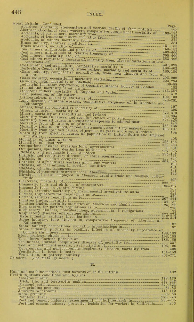 INDEX. Great Britain—Concluded. „ Aberdeeu (Scotland) stonecutters and masons, deaths of from nhfhico Accidents, of Ironstone miners, mortality from Accidents, of miners, mortality froui_ I ~~- ii72 Brass industry, sanitary conditions iivl _ ~ Brass workers, mortality of 151-153 Coal miners, anthracosis and plitlTisisol_ I '. 153-155 ^o^i r?S?tTe?c: 'oT'^' ^-'i«->''o*=:::~:::::::::::: l^litl!^ ^cindluous <^^^^^««« ^-tiutrfiomTe-ffja-o-f varlaTio^ Glass industry, occupational niortallty statistics- on^' oS5 Grinders, metal, mortality of, Sheffield_____:__Li: Industrial insurance experience, of Operative Masons' Socielv'ofYomlnn icq Ireland and, mortality of miners in_ 11 >wi.iei;y oi i^onaon 183 Ironstone miners, mortality of, England and WaksZ o^i Lead poisoning, of file cutters ^'^ Litliographei-s, mortality statistics of I HI S-o'i2? EdinblTgh^_!il*!!'!_!?5!f'_ '^o'Parative-Tr;^ue5erortaAb«d^-n ind' Miners, English, compara~tive mortality ol._ iSI Miners, u-oastone, mortality of 11 _ 5_,„ g^g Miners mortality of. Great Britain and Ireland____I_: Hi' iH Morta ity from all causes, and specified causes, of potters! 2^9' o^q Mo^^«H^^ i''^^^ occupations exposing to mineraf du-stZ:: ' Ija Mortality from all causes, of printei-s To,- iLi Morta ity from all causes, of tool, instrument, and'cutlerFmakeri Tofi 107 Mortality from specified causes, of persons 21 years and over AHprri^^n ' 1 qI ^und wilfs!!'J?!!i''l''_l^^!!L°' populatlon'm Un^teds't^t^'and'Engla-nd Mortality of brass workers I_ ~ 7-„ f2§ ^Mortality of plasterers I I^IIIIIII 900 990 Occupational disease investigations, governmental _ Sh hi Occupations, specified, deaths from phthisis in II bo^ Phthisis, and pneumatic tools, Aberdeen I__I iq^Liqt Phthisis, and respiratory diseases, of china scourers__IIII~I 9^0 Phthisis, in specified occupations ~ ~~ 9rr- Phthisis, of agricultural workers and stone workers I ion Phthisis, of coal miners, in specified localities _ im Phthisis, of flint knappers  _III~IIIII ?ni I'hthisis, of stonecutters and masons, Aberdeen I I HI jnp I'hysique, of males employed in Aberdeen granite trade and Sheffield cuflery L I iK J C _ ^ . ^ -j Q Q Plasterers, mortatity of I IIH IIIIIII IIIII 2'>'> 2^^ Pneumatic tools and phthisis, of stonecutters- __ __I iq^iqt Pneumatic tools, in granite cutting I IIIIIIII__ 202 Potters, excessive mortality of, governmental investigations as to__ Potters, respirators for, regulations as to I I 970 Potters, sanitary regulations as to I_ I_~I 2fi7-271 Printing trades, mortality in I II I I_~~ 1H4-136 Printing trades, mortality statistics of, American and English I_ __ 105 120 Respirators, for potters, regulations as to II__I __  ' 270 Respiratory diseases, nontuberculous, governmental investigations __ I__I 32 Kespiratory diseases, of ironstone miners =. . ~I _ 370 373 >Slate industry, sanitary investigations in I _I IIIIII_I_ 213* 214 Stone industry, lung diseases In, comparative frecjuency~of, Aberdeen and ' Edinburgh 1^7 Stone industry, occupational mortality investigations in I I 192 Stone industry, phthisis in, bacillary infection of, secondary imiKirtance of, Cornish tin mmei's _ igg igg Stone workers, physique of I_I II_I_I _ 198' 199 Tin miners, Cornish, phthisis of I I ~ 1SS| 189 Tin miners, Cornish, respiratory diseases of, mortality from II I II ' 337 Tool and Instrument makers, vital statistics of 105,106 Tuberculosis, and nontuberculous respiratory diseases, mortality from 403 Ventilation, in brass Industry 151-153 Ventilation, in pottery industry _ _ 267-271 Grinders. (See Metal grinders. ) H. Hand and machine methods, dust hazards of, in file cutting 102 Health-injurious conditions and hygiene: Asbestos mining 178, 179 Brick, tile, and terra-cotta making 242, 243 Diamond cutting 320, 321 Dry grinding processes 84, 85 .Tewelers' workrooms IIS. 119 Metal grinding 82. 83 Painters' trade 272, 273 Portland cement Industry, experimental medical research In 233-2.>5 Portland cement industry, protective legislation for workers in, California 233