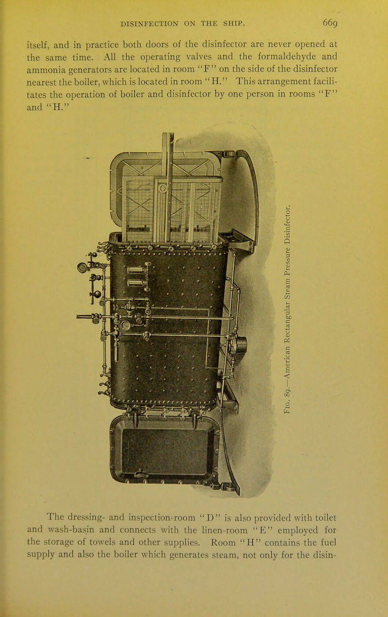 itself, and in practice both doors of the disinfector are never opened at the same time. All the operating valves and the formaldehyde and ammonia generators are located in room F on the side of the disinfector nearest the boiler, which is located in room  H. This arrangement facili- tates the operation of boiler and disinfector by one person in rooms F and H. PL, P 5 u 4-) t/2 3 C ni c o 6 The dressing- and inspection-room D is also provided with toilet and wash-basin and connects with the linen-room E employed for the storage of towels and other supplies. Room H contains the fuel supply and also the boiler which generates steam, not only for the disin-