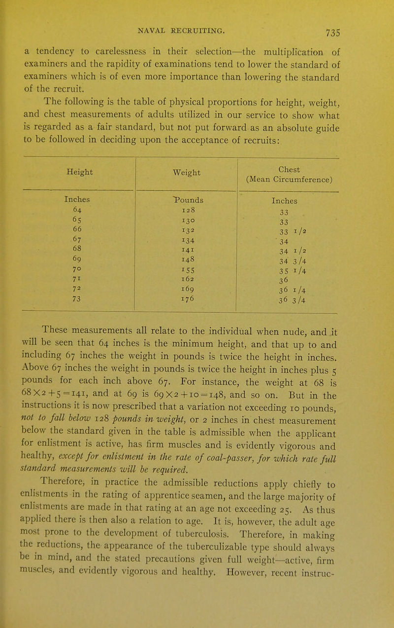 a tendency to carelessness in their selection—the multiplication of examiners and the rapidity of examinations tend to lower the standard of examiners which is of even more importance than lowering the standard of the recruit. The following is the table of physical proportions for height, weight, and chest measurements of adults utilized in our service to show what is regarded as a fair standard, but not put forward as an absolute guide to be followed in deciding upon the acceptance of recruits: Height Weight Chest (Mean Circumference) Inches Tounds Inches 64 128 33 65 130 33 66 132 33 1/2 67 134 ■ 34 68 141 34 1/2 69 148 34 3/4 70 ^55 35 1/4 71 162 36 72 169 36 1/4 73 176 36 3/4 These measurements all relate to the individual when nude, and it will be seen that 64 inches is the minimum height, and that up to and including 67 inches the weight in pounds is twice the height in inches. Above 67 inches the weight in pounds is twice the height in inches plus 5 pounds for each inch above 67. For instance, the weight at 68 is 68X2+5=141, and at 69 is 69X2+10 = 148, and so on. But in the instructions it is now prescribed that a variation not exceeding 10 pounds, not to fall below 128 pounds in weight, or 2 inches in chest measurement below the standard given in the table is admissible when the applicant for enlistment is active, has firm muscles and is evidently vigorous and healthy, except for enlistment in the rate of coal-passer, for which rate full standard measurements will be required. Therefore, in practice the admissible reductions apply chiefly to enlistments in the rating of apprentice seamen, and the large majority of enlistments are made in that rating at an age not exceeding 25. As thus applied there is then also a relation to age. It is, however, the adult age most prone to the development of tuberculosis. Therefore, in making the reductions, the appearance of the tuberculizable type should always be in mind, and the stated precautions given full weight—active, firm muscles, and evidently vigorous and healthy. However, recent instruc-