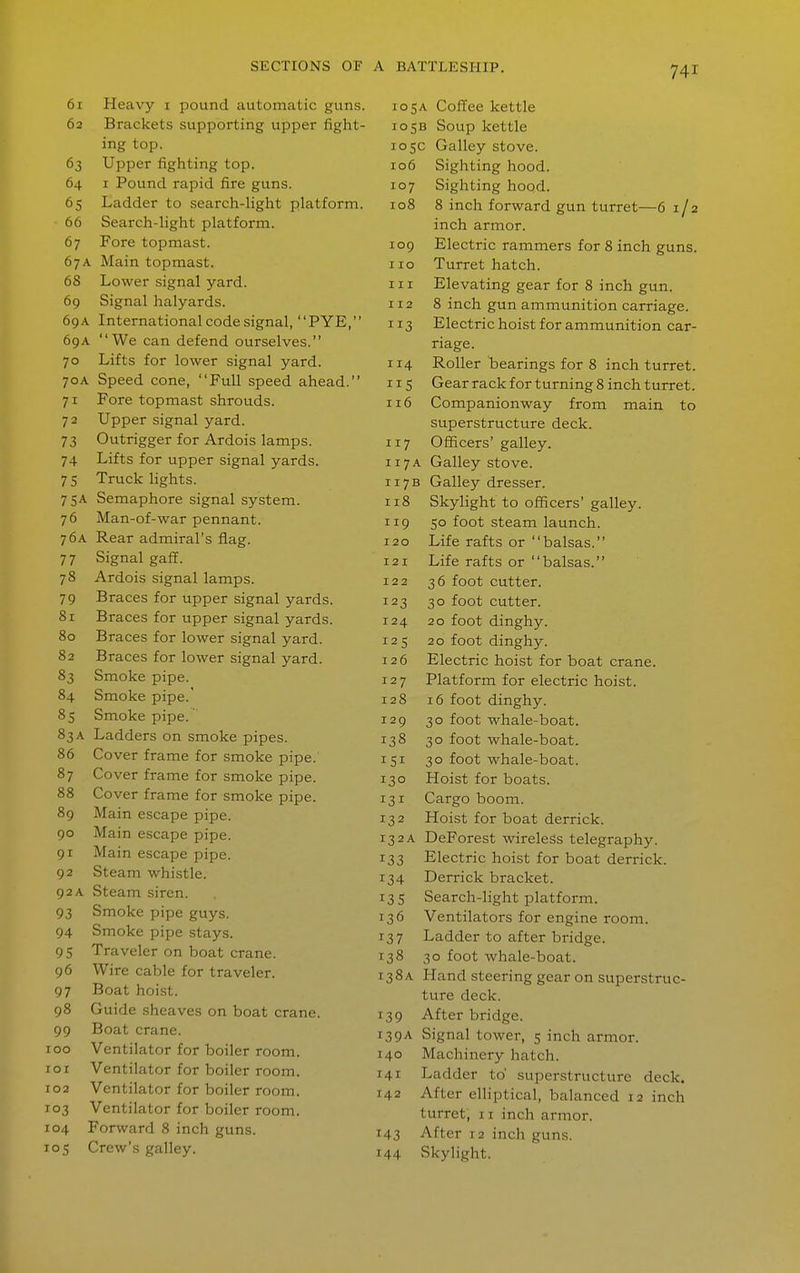 61 Heavy i pound automatic guns. 62 Brackets supporting upper fight- ing top. 63 Upper fighting top. 64 I Pound rapid fire guns. 65 Ladder to search-Hght platform. 66 Search-light platform. 67 Fore topmast. 67A Main topmast. 68 Lower signal yard. 69 Signal halyards. 69 A International code signal,'' PYE,'' 69A We can defend ourselves. 70 Lifts for lower signal yard. 70A Speed cone, Full speed ahead. 71 Fore topmast shrouds. 72 Upper signal yard. 73 Outrigger for Ardois lamps. 74 Lifts for upper signal yards. 7 5 Truck lights. 75A Semaphore signal system. 76 Man-of-war pennant. 76a Rear admiral's flag. 77 Signal gaff. 78 Ardois signal lamps. 79 Braces for upper signal yards. 81 Braces for upper signal yards. 80 Braces for lower signal yard. 82 Braces for lower signal yard. 83 Smoke pipe. 84 Smoke pipe. 85 Smoke pipe. 83A Ladders on smoke pipes. 86 Cover frame for smoke pipe. 87 Cover frame for smoke pipe. 88 Cover frame for smoke pipe. 89 Main escape pipe. 90 Main escape pipe. 91 Main escape pipe. 92 Steam whistle. 92A Steam siren. 93 Smoke pipe guys. 94 Smoke pipe stays. 95 Traveler on boat crane. 96 Wire cable for traveler. 97 Boat hoist. 98 Guide sheaves on boat crane. 99 Boat crane. 100 Ventilator for boiler room. 101 Ventilator for boiler room. 102 Ventilator for boiler room. 103 Ventilator for boiler room. 104 Forward 8 inch guns. 105 Crew's galley. 105A Coffee kettle 105B Soup kettle 105c Galley stove. 106 Sighting hood. 107 Sighting hood. 108 8 inch forward gun turret—6 1/2 inch armor. 109 Electric rammers for 8 inch guns. 110 Turret hatch. 111 Elevating gear for 8 inch gun. 112 8 inch gun ammunition carriage. 113 Electric hoist for ammunition car- riage. 114 Roller bearings for 8 inch turret. 115 Gear rack for turning 8 inch turret. 116 Companionway from main to superstructure deck. 117 Officers' galley. 117A Galley stove. 1173 Galley dresser. 118 Skylight to officers'galley. 119 50 foot steam launch. 120 Life rafts or balsas. 121 Life rafts or balsas. 122 36 foot cutter. 123 30 foot cutter. 124 20 foot dinghy. 125 20 foot dinghy. 126 Electric hoist for boat crane. 127 Platform for electric hoist. 128 16 foot dinghy. 129 30 foot whale-boat. 138 30 foot whale-boat. 151 30 foot whale-boat. 130 Hoist for boats. 131 Cargo boom. 132 Hoist for boat derrick. 13 2 A DeForest wireless telegraphy. 133 Electric hoist for boat derrick. 134 Derrick bracket. 135 Search-light platform. 136 Ventilators for engine room. 137 Ladder to after bridge. 138 30 foot whale-boat. 138A Hand steering gear on superstruc- ture deck. 139 After bridge. 139A Signal tower, 5 inch armor. 140 Machinery hatch. 141 Ladder to' supenstructure deck. 142 After elliptical, balanced 12 inch turret, 11 inch armor. 143 After 12 inch guns. 144 Skylight.