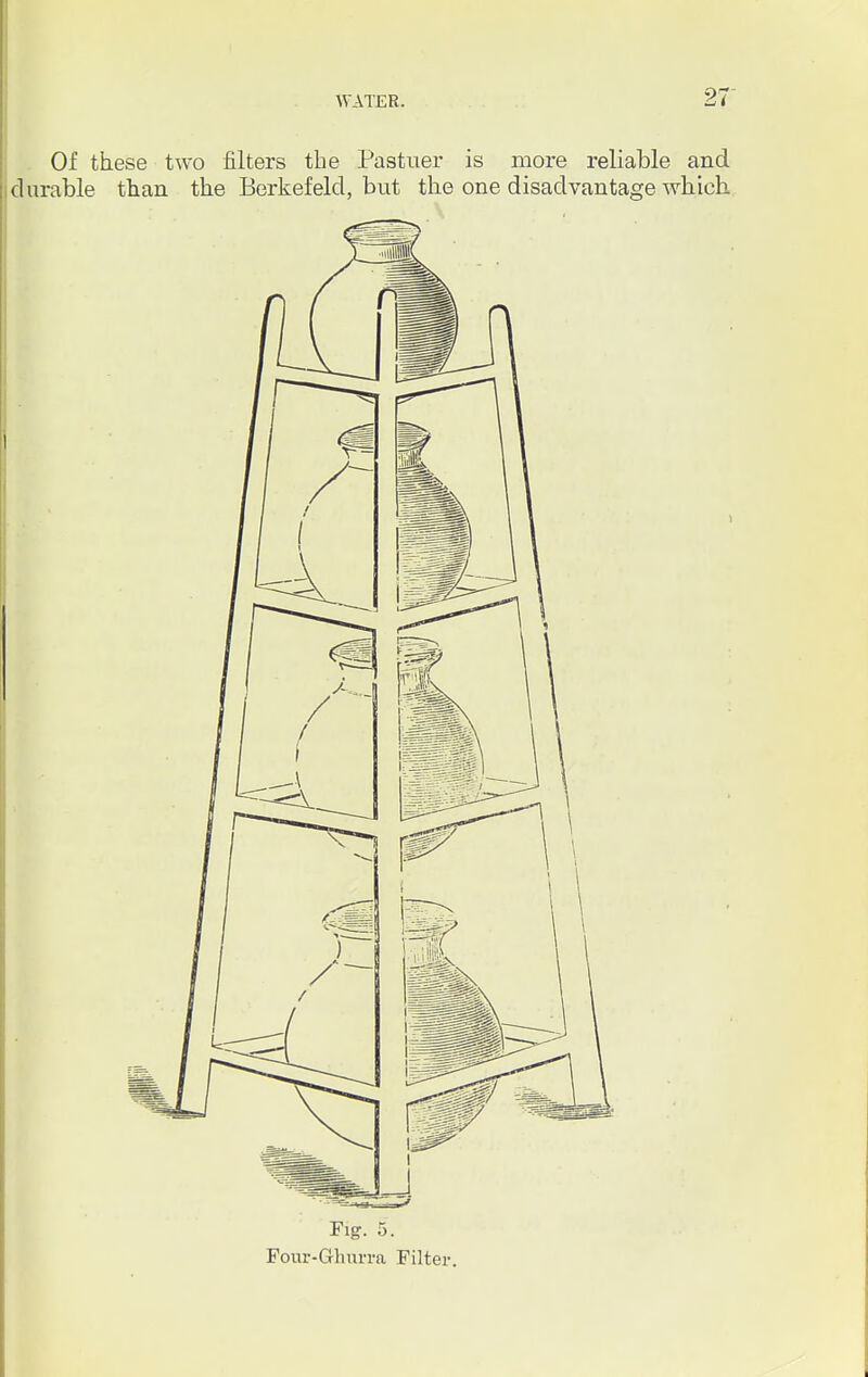 Of these two filters the Pastuer is more reliable and durable than the Berkefeld, but the one disadvantage which Fig. 5. Four-Ghurra Filter.