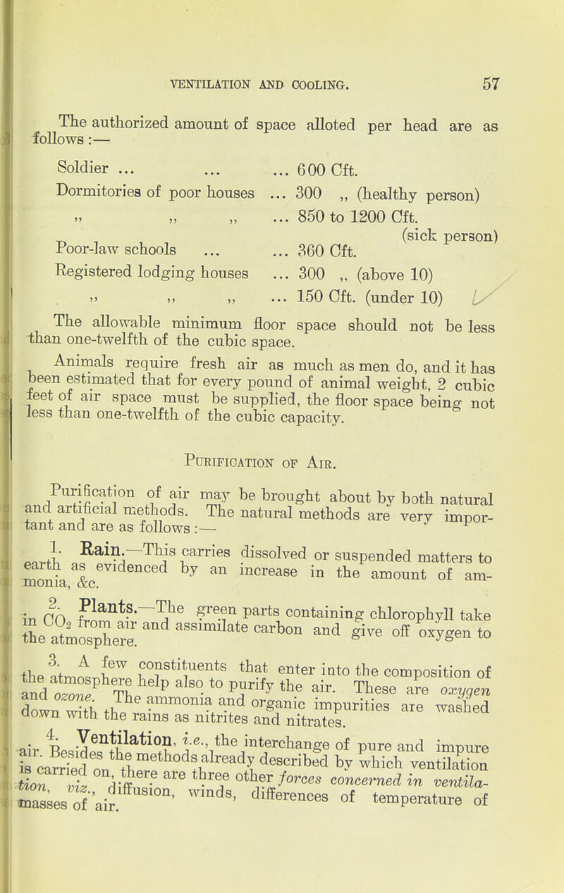 The authorized amount of space alloted per head are as follows:— Soldier ... Dormitories of poor houses Poor-law schools Registered lodging houses . 600 Oft. . 300 „ (healthy person) . 850 to 1200 Cft. (sick person) . 360 Oft. . 300 „ (above 10) ... 150 Cft. (under 10) The allowable minimum floor space should not be less than one-twelfth of the cubic space. Animals require fresh air as much as men do, and it has been estimated that for every pound of animal weight, 2 cubic feet of air space must be supplied, the floor space being not less than one-twelfth of the cubic capacity. Purification of Air. Purification of air may be brought about by both natural and artificial methods. The natural methods are very impor- tant and are as follows :— ^ Ltl E,ai^1-~Th,is carries dissolved or suspended matters to ™nt Bl eVldenced fey an ^ease in the amount of am- monia, <xc in PO ?lant?—The green parts containing chlorophyll take Se°ato^andM,n^teCarb0n aDd offPo*ygento the atmLw ST* w*8 ^ enter into the composition of and oZ P tL P ° PJ/rify the air' These «™ We* dowrwith Jhe ammonia and organic impurities are washed down with the rams as nitrites and nitrates. air BesK^0,?' ^V^change of pure and impure is carried» methods already described by which ventilation Ln vt Vffer-e 0t\eT f°rces concerned in ventila- tes oi 'air ^ Wmd8' dlfferenCeS of ^mperature of