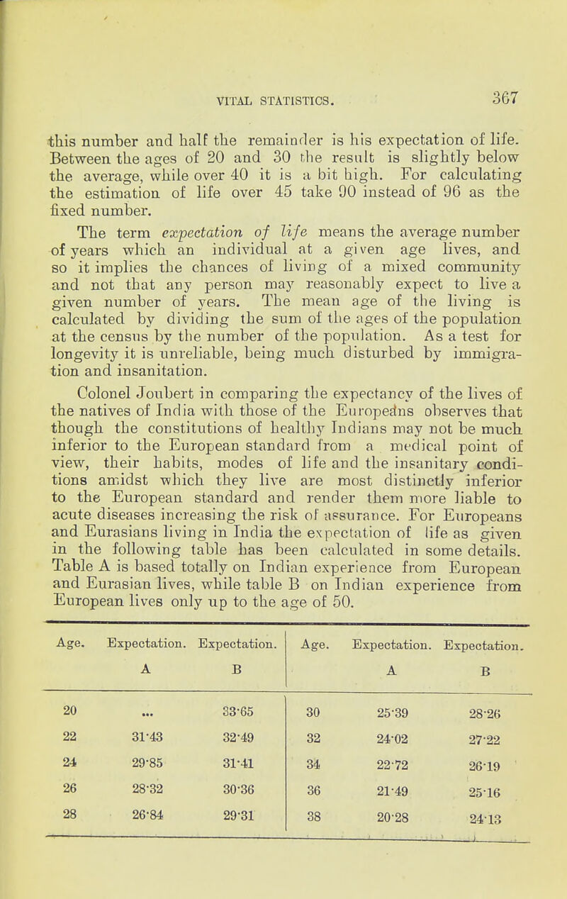 this number and half the remainder is his expectation of life. Between the ages of 20 and 30 the result is slightly below the average, while over 40 it is a bit high. For calculating the estimation of life over 45 take 90 instead of 96 as the fixed number. The term expectation of life means the average number of years which an individual at a given age lives, and so it implies the chances of living of a mixed community and not that any person may reasonably expect to live a given number of years. The mean age of the living is calculated by dividing the sum of the ages of the population at the census by the number of the population. As a test for longevity it is unreliable, being much disturbed by immigra- tion and insanitation. Colonel Joubert in comparing the expectancy of the lives of the natives of India with those of the Europeans observes that though the constitutions of healthy Indians may not be much inferior to the European standard from a medical point of view, their habits, modes of life and the insanitary condi- tions amidst which they live are most distinctly inferior to the European standard and render them more liable to acute diseases increasing the risk of assurance. For Europeans and Eurasians living in India the expectation of life as given in the following table has been calculated in some details. Table A is based totally on Indian experience from European and Eurasian lives, while table B on Indian experience from European lives only up to the age of 50. Age. Expectation. Expectation. Age. Expectation. Expectation. A B A B 20 33-65 30 25-39 28-26 22 31-43 32-49 32 24-02 2722 24 29-85 31-41 34 22-72 2619 26 28-32 30-36 36 2149 2516 28 26-84 29-31 38 20-28 2413
