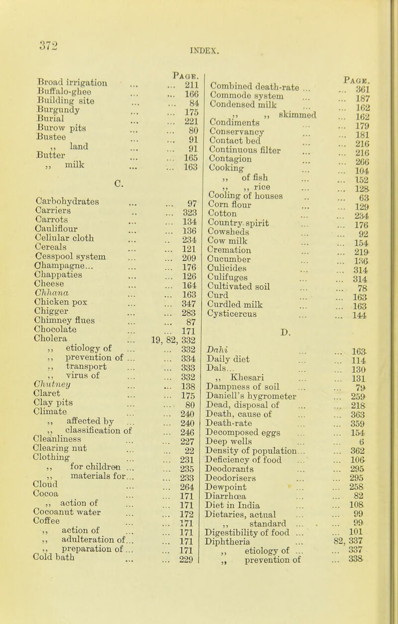 INDIA. Broad irrigation Buft'alo-gheo Building site Burgundy Burial pits Burow Bustee Butter land milk Carbohydrates Carriers Carrots Cauliflour Cellular cloth Cereals Cesspool system Champagne... Chappaties Cheese Chhana Chicken pox Chigger Chimney flues Chocolate Cholera etiology of ,, prevention of ... ., transport ,, virus of Chutney Claret Clay pits Climate ,, affected by „ _ classification of Cleanliness Clearing nut Clothing ,, for children ... ,, materials for... Cloud Cocoa ,, action of Cocoanut water Coffee ,, action of ,, adulteration of... ,, preparation of... Cold bath 19 Page. .. 211 .. 166 84 .. 175 .. 221 .. 80 .. 91 .. 91 .. 165 .. 163 ... 97 ... 323 ... 134 ... 136 .. 234 ... 121 ... 209 ... 176 ... 126 ... 164 ... 163 ... 347 ... 283 ... 87 ... 171 82, 332 ... 332 ... 334 ... 333 ... 332 ... 138 - 175 ... 80 ... 240 ... 240 ... 246 .. 227 ... 22 ... 231 ... 235 ... 233 ... 264 .. 171 .. 171 .. 172 .. 171 .. 171 .. 171 .. 171 .. 229 Combined death-rate ... Commode system Condensed milk fi „ Bkimmed Condiments Conservancy Contact bed Continuous filter Contagion Cooking ,, offish ,, „ rice Cooling of houses Corn flour Cotton Country spirit Cowsheds Cow milk Cremation Cucumber Culicides Culif uges Cultivated soil Curd Curdled milk Cysticercus D. Dahi Daily diet Dais... ,, Khesari Dampness of soil Daniell's hygrometer Dead, disposal of Death, cause of Death-rate Decomposed eggs Deep wells Density of population... Deficiency of food Deodorants Deodorisers Dewpoint Diarrhoea Diet in India Dietaries, actual ,, standard ... Digestibility of food ... Diphtheria ,, etiology of ... „ prevention of 82, Page. .. 361 .. 187 .. 162 .. 162 .. 179 .. 181 .. 216 .. 216 .. 266 .. 104 .. 152 .. 128- 63 .. 129 . 234 .. 176 92 .. 154 .. 219- .. 136 . 314 . 314 78 . 163 . 163 . 144 163 114 130 131 79 259 218 363 359 154 6 362 106 295 295 258 82 108 99 99 101 337 337 338-