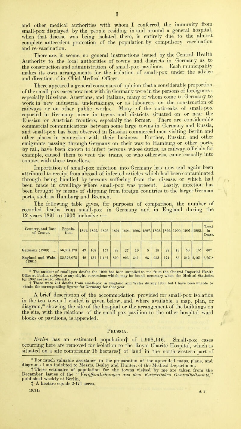 and other medical authorities with whom I conferred, the immunity from small-pox displayed by the people residing in and around a general hospital, when that disease was being isolated there, is entirely due to the almost complete antecedent protection of the population by compulsory vaccination and re-vaccination. There are, it seems, no general instructions issued by the Central Health Authority to the local authorities of towns and districts in Germany as to the construction and administration of small-pox pavilions. Each municipality makes its own arrangements for the isolation of small-pox under the advice and direction of its Chief Medical Officer. There appeared a general consensus of opinion that a considerable proportion of the small-pox cases now met with in Germany were in the persons of foreigners ; especially Russians, Austrians, and Italians, many of whom come to Germany to work in new industrial undertakings, or as labourers on the construction of railways or on other public works. Many of the outbreaks of small-pox reported in Germany occur in towns and districts situated on or near the Russian or Austrian frontiers, especially the former. There are considerable commercial communications between some large towns in Germany and Russia, and small-pox has been observed in Russian commercial men visiting Berlin and other places in connexion with their business. Further, Russian and other emigrants passing through Germany on their way to Hamburg or other ports, by rail, have been known to infect persons whose duties, as railway officials for example, caused them to visit the trains, or who otherwise came casually into contact with these travellers. Importation of small-pox infection into Germany has now and again been attributed to receipt from abroad of infected articles which had been contaminated through being handled by persons suffering from the disease, or which had been made in dwellings where small-pox was present. Lastly, infection has been brought by means of shipping from foreign countries to the larger German ports, such as Hamburg and Bremen. The following table gives, for purposes of comparison, the number of recorded deaths from small-pox in Germany and in England during the 12 years 1891 to 1902 inclusive :— Country, and Date of Census. Popula- tion. 1891. 1892. 1893. 1894. 1895. 1896. 1897. 1898. 1899. 1900. 1901. 1902. Total in Years. Germany (1900) ... 56,367,178 49 108 157 88 27 10 5 15 28 49 56 15* 607 England and Wales (1901). 32,526,075 49 431 1,457 820 223 541 25 253 174 85 242 2,461 6,761| * The number of small-pox deaths for 1902 has been supplied to me from the Central Imperial Health Office at Berlin, subject to any slight corrections which may be found necessary when the Medical Statistics for 1902 are issued officially. j There were 754 deaths from small-pox in England and Wales during 1903, but 1 have been unable to obtain the corresponding figures for Germany for that year. A brief description of the accommodation provided for small-pox isolation in the ten towns I visited is given belowr, and, where available, a map, plan, or diagram,* showing the site of the hospital or the arrangement of the buildings on the site, with the relations of the small-pox pavilion to the other hospital ward blocks or pavilions, is appended. $ Peussia. Berlin has an estimated populationf of 1,998,146. Small-pox cases occurring here are removed for isolation to the Royal Charite Hospital, which is situated on a site comprising 18 hectares^ of land in the north-western part of * For much valuable assistance in the preparation of the appended maps, plans, and diagrams I am indebted to Messrs. Besley and Hunter, of the Medical Department. t These estimates of population for the towns visited by me are taken from the December issues of the  Veroffentlichungen aus dem Kaiserlichen Gesundlieitsamte published weekly at Berlin. % A hectare equals 2*471 acres. 19241r