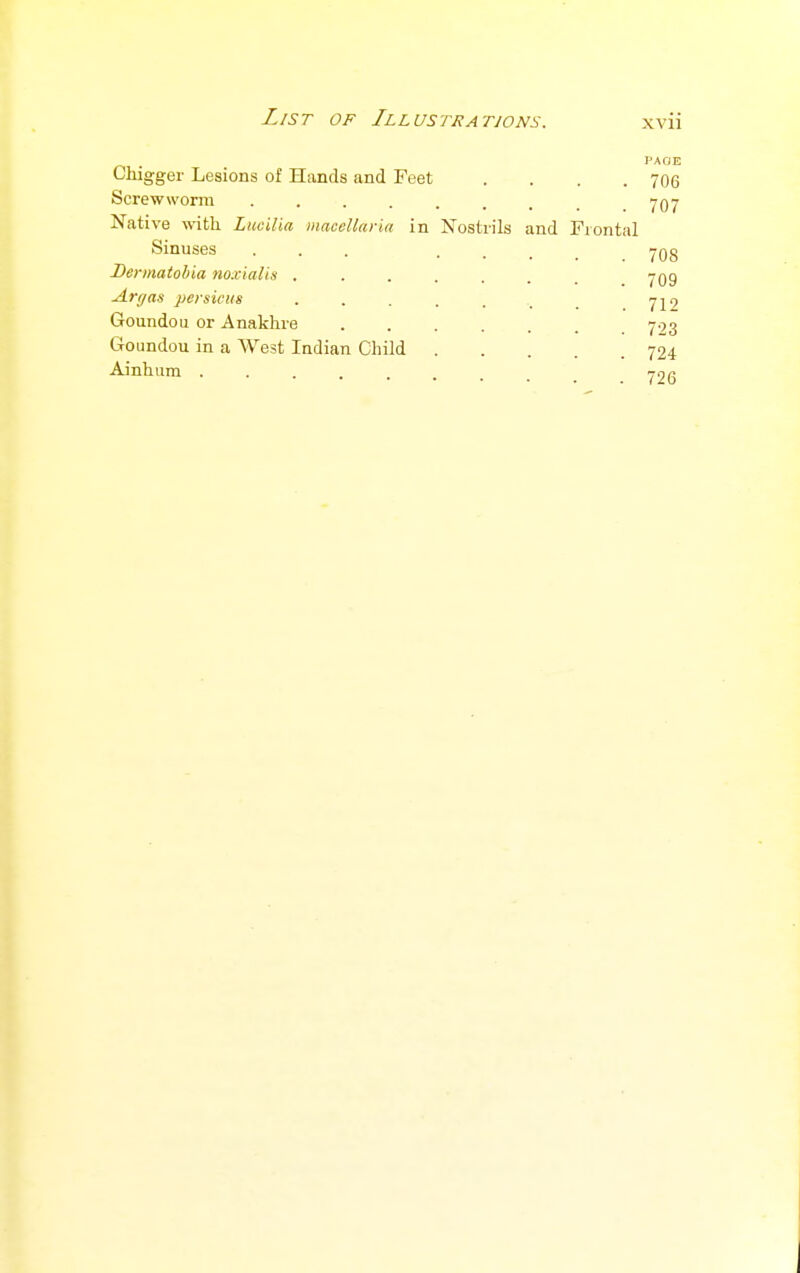 Chigger Lesions of Hands and Feet .... 706 Screwworm ........ 707 Native with LiiciUa inacellaria in Nostrils and Frontal Sinuses ... .... 708 Denmtohia no.vialis ....... 709 Argas persicits ...... 7^9 Goundou or Anaklire . . . . . 723 Goundou in a West Indian Child 724 Ainhura ......... 726