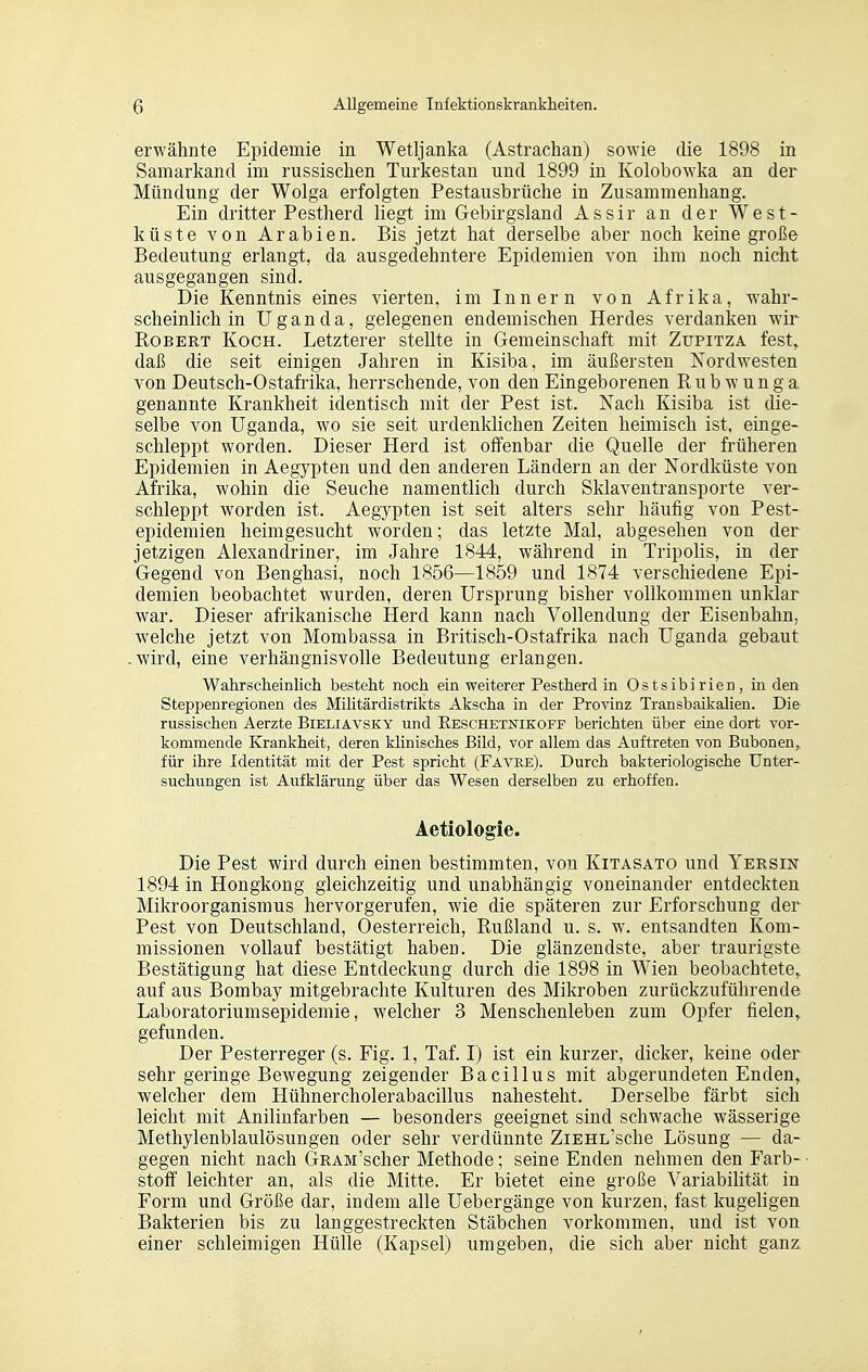 erwähnte Epidemie in Wetljanka (Astrachan) sowie die 1898 in Samarkand im russischen Turkestan und 1899 in Kolobowka an der Mündung der Wolga erfolgten Pestausbrüche in Zusammenhang. Ein dritter Pestherd liegt im Gebirgsland Assir an der West- küste von Arabien. Bis jetzt hat derselbe aber noch keine große Bedeutung erlangt, da ausgedehntere Epidemien von ihm noch nicht ausgegangen sind. Die Kenntnis eines vierten, im Innern von Afrika, wahr- scheinlich in Uganda, gelegenen endemischen Herdes verdanken wir Robert Koch. Letzterer stellte in Gemeinschaft mit Zupitza fest, daß die seit einigen Jahren in Kisiba, im äußersten Nordwesten von Deutsch-Ostafrika, herrschende, von den Eingeborenen Rub w ung a genannte Krankheit identisch mit der Pest ist. Nach Kisiba ist die- selbe von Uganda, wo sie seit urdenklichen Zeiten heimisch ist. einge- schleppt worden. Dieser Herd ist offenbar die Quelle der früheren Epidemien in Aegypten und den anderen Ländern an der Nordküste von Afrika, wohin die Seuche namentlich durch Sklaventransporte ver- schleppt worden ist. Aegypten ist seit alters sehr häufig von Pest- epidemien heimgesucht worden; das letzte Mal, abgesehen von der jetzigen Alexandriner, im Jahre 1844, während in Tripolis, in der Gegend von Benghasi, noch 1856—1859 und 1874 verschiedene Epi- demien beobachtet wurden, deren Ursprung bisher vollkommen unklar war. Dieser afrikanische Herd kann nach Vollendung der Eisenbahn, welche jetzt von Mombassa in Britisch-Ostafrika nach Uganda gebaut .wird, eine verhängnisvolle Bedeutung erlangen. Wahrscheinlich besteht noch ein weiterer Pestherd in Ostsibirien, in den Steppenregionen des Militärdistrikts Akseha in der Provinz Transbaikalien. Die russischen Aerzte Bieliävsky und ßESCHETsriEOFF berichten über eine dort vor- kommende Krankheit, deren klinisches Bild, vor allem das Auftreten von Bubonen, für ihre Identität mit der Pest spricht (Fa\tie). Durch bakteriologische Unter- suchungen ist Aufklärung über das Wesen derselben zu erhoffen. Aetiologie. Die Pest wird durch einen bestimmten, von Kitasato und Yersin 1894 in Hongkong gleichzeitig und unabhängig voneinander entdeckten Mikroorganismus hervorgerufen, wie die späteren zur Erforschung der Pest von Deutschland, Oesterreich, Rußland u. s. w. entsandten Kom- missionen vollauf bestätigt haben. Die glänzendste, aber traurigste Bestätigung hat diese Entdeckung durch die 1898 in Wien beobachtete, auf aus Bombay mitgebrachte Kulturen des Mikroben zurückzuführende Laboratoriumsepidemie, welcher 3 Menschenleben zum Opfer fielen, gefunden. Der Pesterreger (s. Fig. 1, Taf. I) ist ein kurzer, dicker, keine oder sehr geringe Bewegung zeigender Bacillus mit abgerundeten Enden, welcher dem Hühnercholerabacillus nahesteht. Derselbe färbt sich leicht mit Anilinfarben — besonders geeignet sind schwache wässerige Methylenblaulösungen oder sehr verdünnte ZiEHL'sche Lösung — da- gegen nicht nach GRAM'scher Methode; seine Enden nehmen den Färb- • Stoff leichter an, als die Mitte. Er bietet eine große Variabilität in Form und Größe dar, indem alle Uebergänge von kurzen, fast kugeligen Bakterien bis zu langgestreckten Stäbchen vorkommen, und ist von einer schleimigen Hülle (Kapsel) umgeben, die sich aber nicht ganz