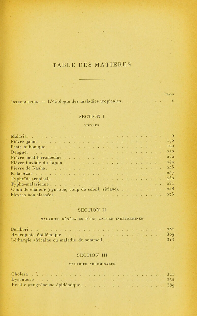 TABLE DES MATIÈRES Pages Introduction. — L'étiologie des maladies tropicales i SECTION I l-IÈVlllSS Malaria 9 Fièvre jaune '7*^ Peste bubonique ^9^ Dengue Fièvre méditerranéenne Fièvre fluviale du Japon 24'-» Fièvre de Nasha 24» Kala-A.zar 247 Typhoïde tropicale ^So Typho-malarienne '■^^4 Coup de chaleur (syncope, coup de soleil, siriase) 268 Fièvres non classées ■ . . . . 37$ SECTION II MALADIES GÉNÉRALES d'uNE NATURE INDÉTERMINÉE Béribéri 281 Hydropisie épidémique Sog Léthargie africaine ou maladie du sommeil 3i3 SECTION III MALADIES ABDOMINALES Choléra .  3ai Dysenterie 355 Rectite gangreneuse épidémique 389