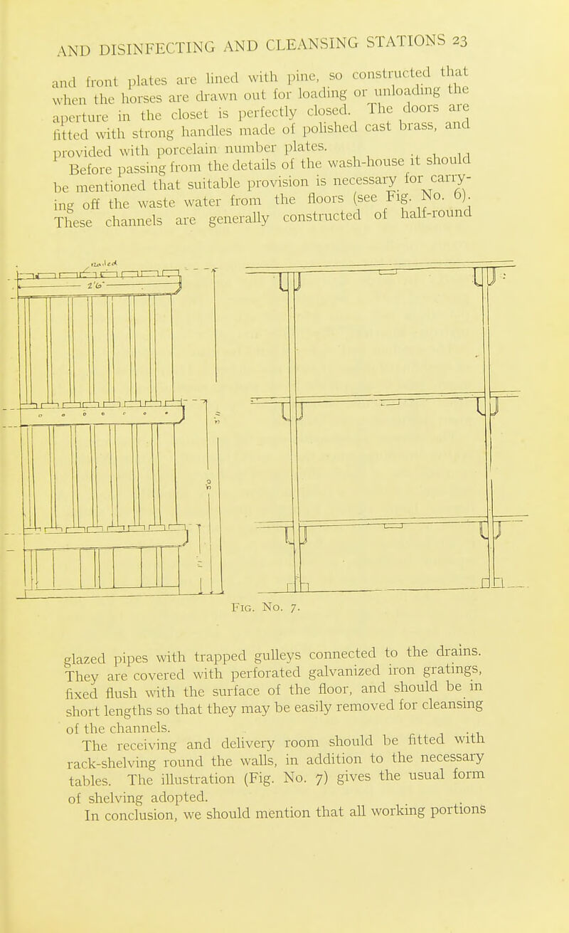 and front plates arc lined with pine, so constructed that when the horses are drawn out for loading or unloadnig the aperture in the closet is perfectly closed The doors are fitted with strong handles made of polished cast brass, and provided with porcelain number plates. .,,11 Before passing from the details of the wash-house it should be mentioned that suitable provision is necessaiy for carry- ing off the waste water from the floors (see Fig. No. These channels are generally constructed of half-round 1 Fig. No. 7. glazed pipes with trapped guUeys connected to the drams. They are covered with perforated galvanized iron gratings, fixed flush with the surface of the floor, and should be m short lengths so that they may be easily removed for cleansing of the channels. The receiving and delivery room should be fitted with rack-shelving round the walls, in addition to the necessary tables. The illustration (Fig. No. 7) gives the usual form of shelving adopted. In conclusion, we should mention that all working portions