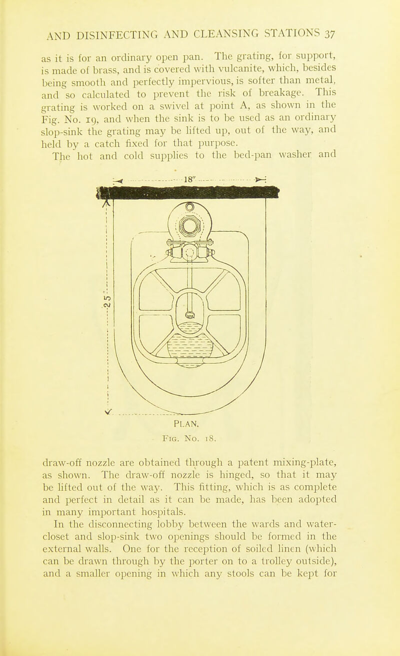 as it is for an ordinary open pan. The grating, for support, is made of brass, and is covered with vulcanite, which, besides being smooth and perfectly impervious, is softer than metal, and so calculated to prevent the risk of breakage. This grating is worked on a swivel at point A, as shown in the Fig. No. 19, and when the sink is to l)e used as an ordinary slop-sink the grating may be lifted up, out of the way, and held by a catch fixed for that purpose. The hot and cold supplies to the bed-pan washer and 18 - - >H Plan. Fig. No. 18. draw-off nozzle are obtained through a patent mixing-plate, as shown. The draw-off nozzle is hinged, so that it may be lifted out of the way. This fitting, which is as complete and perfect in detail as it can be made, has been adopted in many important hospitals. In the disconnecting lobby between the wards and water- closet and slop-sink two 023enings should be formed in the external walls. One for the reception of soiled linen (which can be drawn through by the porter on to a trolley outside), and a smaller opening in which any stools can be kejDt for