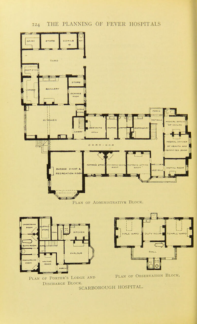 Plan of Administrative Block. Plan of Porter's Lodge and Discharge Block. SCARBOROUGH HOSPITAL Plan of Observation Block.