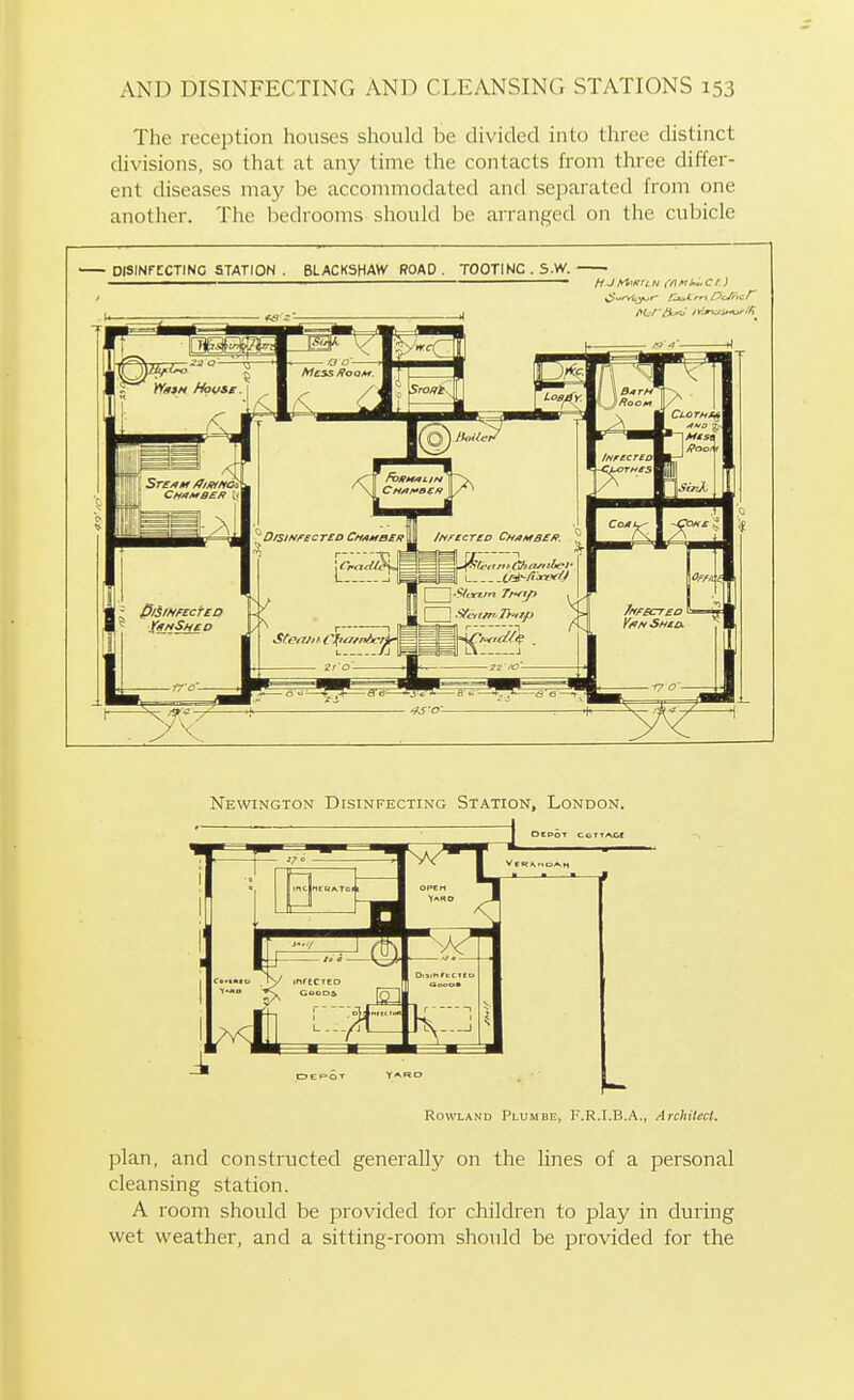 The reception houses should be divided into three distinct divisions, so that at any time the contacts from three differ- ent diseases may be accommodated and separated from one another. The bedrooms should be arranged on the cubicle ■ DISINFECTING STATION . BLACK5HAW ROAD . TOOTING . S.W. ——— '—•— ~——HJf^^i^'LN cnni'i.Cf J Newington Disinfecting Station, London. Rowland Plumbe, F.R.I.B.A,, Architect. plan, and constructed generally on the lines of a personal cleansing station. A room should be provided for children to play in during wet weather, and a sitting-room should be provided for the
