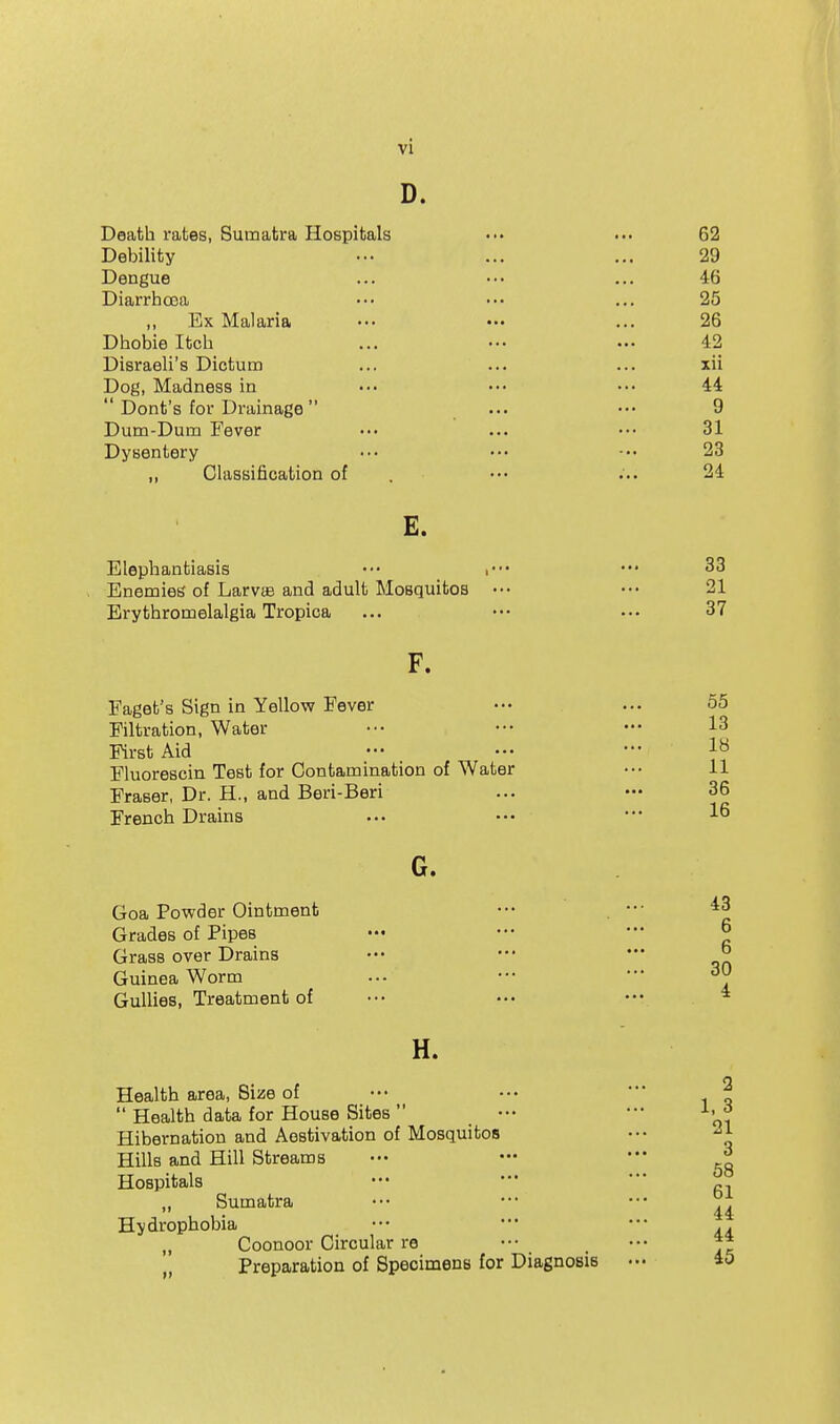 D. Death rates, Sumatra Hospitals ••• ... 62 Debility ... ... ... 29 Dengue ... ... ... 46 Diarrhoea ... .•• ... 25 ,, Ex Malaria ... ••• ... 26 Dhobie Itch ... ••• ... 42 Disraeli's Dictum ... ... ... xii Dog, Madness in ... ... ... 44  Dont's for Drainage ... ••• 9 Dum-Dum Fever ... ... .•• 31 Dysentery ... ... ■•• 23 ,, Classification of , ••• ... 24 E. Elephantiasis ••• ••• 33 Enemies of LarviS and adult Mosquitos ••• .•• 21 Erythromelalgia Tropica ... ••• ... 37 F. Faget's Sign in Yellow Fever ... ... 55 Filtration, Water ••• ••• ••• 13 First Aid — ••• 1^ Fluorescin Test for Contamination of Water ••• 11 Eraser, Dr. H., and Beri-Beri ... ••• 36 French Drains ••• ••• G. Goa Powder Ointment ••• . ••• ^3 Grades of Pipes ••• — —  Grass over Drains ••• ••• *•* ° Guinea Worm ... ••' ••• Gullies, Treatment of ••• ••• ••• * H. Health area, Size of ••• '•' ^  Health data for House Sites ••• ••' Hibernation and Aestivation of Mosquitos ... -^1 Hills and Hill Streams ••• — ••• ^ Hospitals ••• - ••• „ Sumatra ••• ••• ••• Hydrophobia ••• ••' ••• „ Coonoor Circular re ••• . ]t Preparation of Specimens for Diagnosis ••. 40