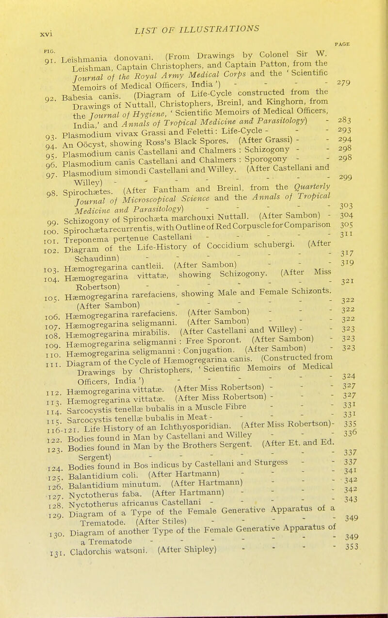 FIG 91 Leishmania donovani. (From Drawings by Colonel Sir W. ^ Leishman, Captain Christophers, and Captain Patton. from the Journal of the Royal Army Medical Corps and the Scientific Memoirs of Medical Officers, India') - ^' ^^9 02 Babesia canis. (Diagram of Life-Cycle constructed from the Drawings of Nnttall, Christophers. Breml. and Kmghorn from the Journal of Hygiene, ' Scientific Memoirs of Medical Officers, India ' and Annals of Tropical Medicine and Parasitology) - 283 Q. Plasmodium vivax Grassi and Feletti: Life-Cycle - -  ^93 II In (Scyst, showing Ross's Black Spores. (After Grassi) - - 294 l\ Plasmodium canis Castellani and Chalmers : Schizogony - - 298 ofi Plasmodium canis Castellani and Chalmers : Sporogony - - 29S t: PlSmodiumsimondiCastellamandWilley. (After Castellani and SniV^cStes  (After Fantham and Breinl, from the Quarterly ^ ^Jotnal of Microscopical Science and the Annals of Tropical Medicine and Parasitology) - - „ '-u \  l^l 00 Schizogony of Spiroch^ta marchouxi Nnttall. (After Sambon) - 304 loo! gSSIrecurrentis.withOutlineofRedCorpuscleforComparison 30S TGI Treponema pertenue Castellani - -  I02. Diagram of the Life-History of Coccidium schnbergi. (After Schaudinn) - ,tq lo^ Hsmogregarina cantleii. (After Sambon) - -  3^9 rot iSmogrelarina vittat., showing Schizogony.^ (After Miss IDS. H^reJa^L rarefaciens, showing Male and Female Schizonts. (After Sambon) -   ^  ,2? 106. Ha^mogregarma rarefaciens. (After Sambon - - - 3 T07 Hsmogregarina seligmanni. (After Sambon) - - 32^ os' illmogregarina mirabilis. (After Castellani and Willey) - - 323 00 HMrelarina seligmanni : Free Sporont. (After Sambon) - 323 10 SSmogregariixa seligmanni : Conjugation. (After Sambon) - 323 I ■ Diagram of the Cycle of H^mogregarina canis. (Constructed froni Drawings by Christophers, 'Scientific Memonrs of Medical Officers, India') - ' „  ^ s '  ,^7 112. H^mogregarinavittata.. (After Miss Robertson) - - - 3-7 II, H^emogregarina vittatEE. (After Miss Robertson) - - - 327 114; Sarcocystistenellajbubalis in a Muscle Fibre - -  33 i TTC Sarcocvstis tenella; bubalis in Meat - - - „  . . I'l^ 116-121 Life History of an Ichthyosporidian. (After Miss Robertson)- 5 122 Bodies found in Man by Castellani and Willey - -  33 123. Bodies found in Man by the Brothers Sergent. (After Et. and Ed. Sergent) - - ' . , r,^ 124 Bodies found in Bos indicus by Castellani and Sturgess - - 337 12>;. Balantidium coli. (After Hartmann) - -   34 126 Balantidium minutum. (After Hartmann) - - 34 ■J27 Nvctotherus faba. (After Hartmann) - -  34 a - 349 T28 Nvctotherus africanus Castellani - -   S29. Diagram of a Type of the Female Generative Apparatus of Trematode. (After Stiles) - - ^.' ' ^ 130. Diagram of another Type of the Female Generative Apparatus of a Trematode ^Vt 131. Cladorchis watsoni. (After Shipley) - -  - m