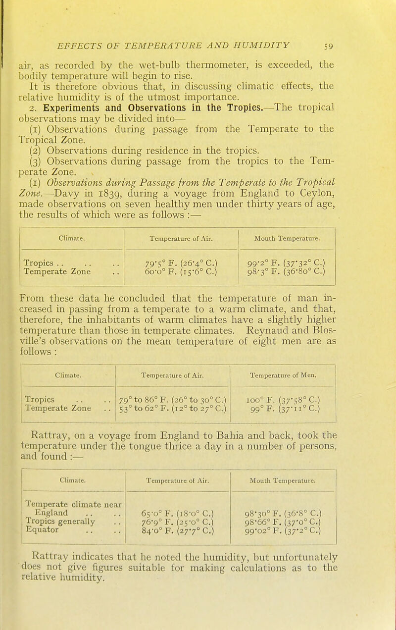 air, as recorded by the wet-bulb thermometer, is exceeded, the bodily temperature will begin to rise. It is therefore obvious that, in discussing climatic effects, the relative humidity is of the utmost importance. 2. Experiments and Observations in the Tropics.—^The tropical observations may be divided into— (1) Observations during passage from the Temperate to the Tropical Zone. (2) Observations during residence in the tropics. (3) Observations during passage from the tropics to the Tem- perate Zone. (i) Observations during Passage from the Temperate to the Tropical Zone.—Davy in 1839, during a voyage from England to Ceylon, made observations on seven healthy men under thirty years of age, the results of which were as follows :— Climate. Temperature of Air. Mouth Temperature. Tropics . . Temperate Zone 79-5° F. (26-4° C.) 6o'o° F, (15-6° C.) 99-2° F. (37-32'^ C.) 98..-3° F. (36-80° C.) From these data he concluded that the temperature of man in- creased in passing from a temperate to a warm climate, and that, therefore, the inhabitants of warm climates have a slightly higher temperature than those in temperate climates. Reynaud and Blos- ville's observations on the mean temperature of eight men are as follows : Climate. Tempera ture of Air. Temperature of Men. Tropics 79° to 86° F. (26° to 30° C.) 100° F. (37-58° C.) Temperate Zone 53° to 62° F. (12° to 27° C.) 99° F. (37-1 i°C.) Rattray, on a voyage from England to Bahia and back, took the temperature under the tongue thrice a day in a number of persons, and found :— Climate. Temperature of Air. Mouth Temperature. Temperate climate near England Tropics generally Equator 65-0° F, (i8-o° C.) 76-9° F. (25-0° C.) 84-0° F. (27-7° C.) 98-30° F. (36-8° C.) 98- 66° F. (37'o°C.) 99- 02° F. (37-2° C.) Rattray indicates that he noted the humidity, but unfortunately does not give figures suitable for making calculations as to the relative humidity.