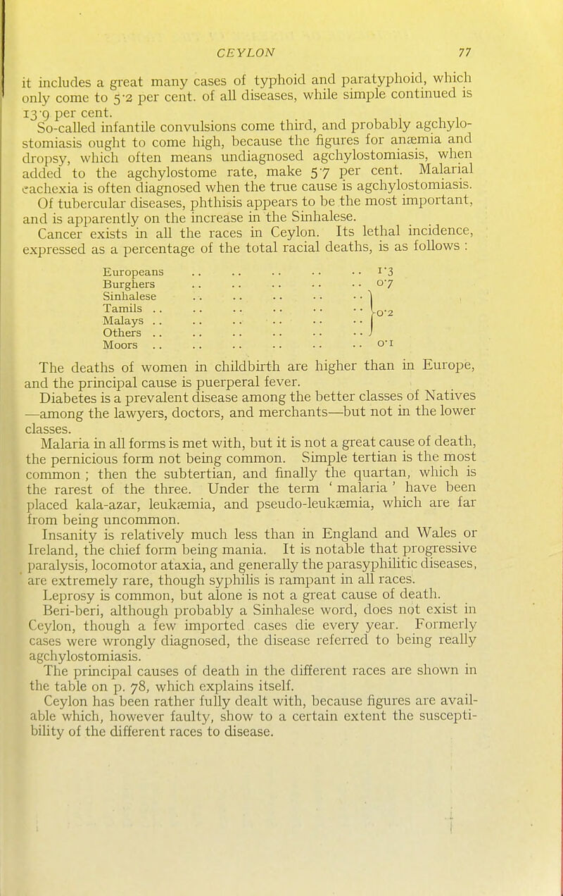 it includes a great many cases of typhoid and paratyphoid, which only come to 5-2 per cent, of all diseases, while simple continued is 13-9 per cent. So-called infantile convulsions come third, and probably agchylo- stomiasis ought to come high, because the figures for anaemia and dropsy, which often means undiagnosed agchylostomiasis, when added to the agchylostome rate, make 57 per cent. Malarial cachexia is often diagnosed when the true cause is agchylostomiasis. Of tubercular diseases, phthisis appears to be the most important, and is apparently on the increase in the Sinhalese. Cancer exists in aU the races in Ceylon. Its lethal incidence, expressed as a percentage of the total racial deaths, is as follows : Europeans Burghers Sinhalese Tamils .. Malays .. Others .. Moors The deaths of women in childbuth are higher than in Europe, and the principal cause is puerperal fever. Diabetes is a prevalent disease among the better classes of Natives —among the lawyers, doctors, and merchants—but not in the lower classes. Malaria in all forms is met with, but it is not a great cause of death, the pernicious form not being common. Simple tertian is the most common ; then the subtertian, and finally the quartan, which is the rarest of the three. Under the term ' malaria ' have been placed kala-azar, leukeemia, and pseudo-leukaemia, which are far from being uncommon. Insanity is relatively much less than in England and Wales or Ireland, the chief form being mania. It is notable that progressive paralysis, locomotor ataxia, and generally the parasyphihtic diseases, are extremely rare, though syphilis is rampant in all races. Leprosy is common, but alone is not a great cause of death. Beri-beri, although probably a Sinhalese word, does not exist in Ceylon, though a few imported cases die every year. Formerly cases were wrongly diagnosed, the disease referred to being really agchylostomiasis. The principal causes of death in the different races are shown in the table on p. 78, which explains itself. Ceylon has been rather fully dealt with, because figures are avail- able which, however faulty, show to a certain extent the suscepti- bility of the different races to disease. 07