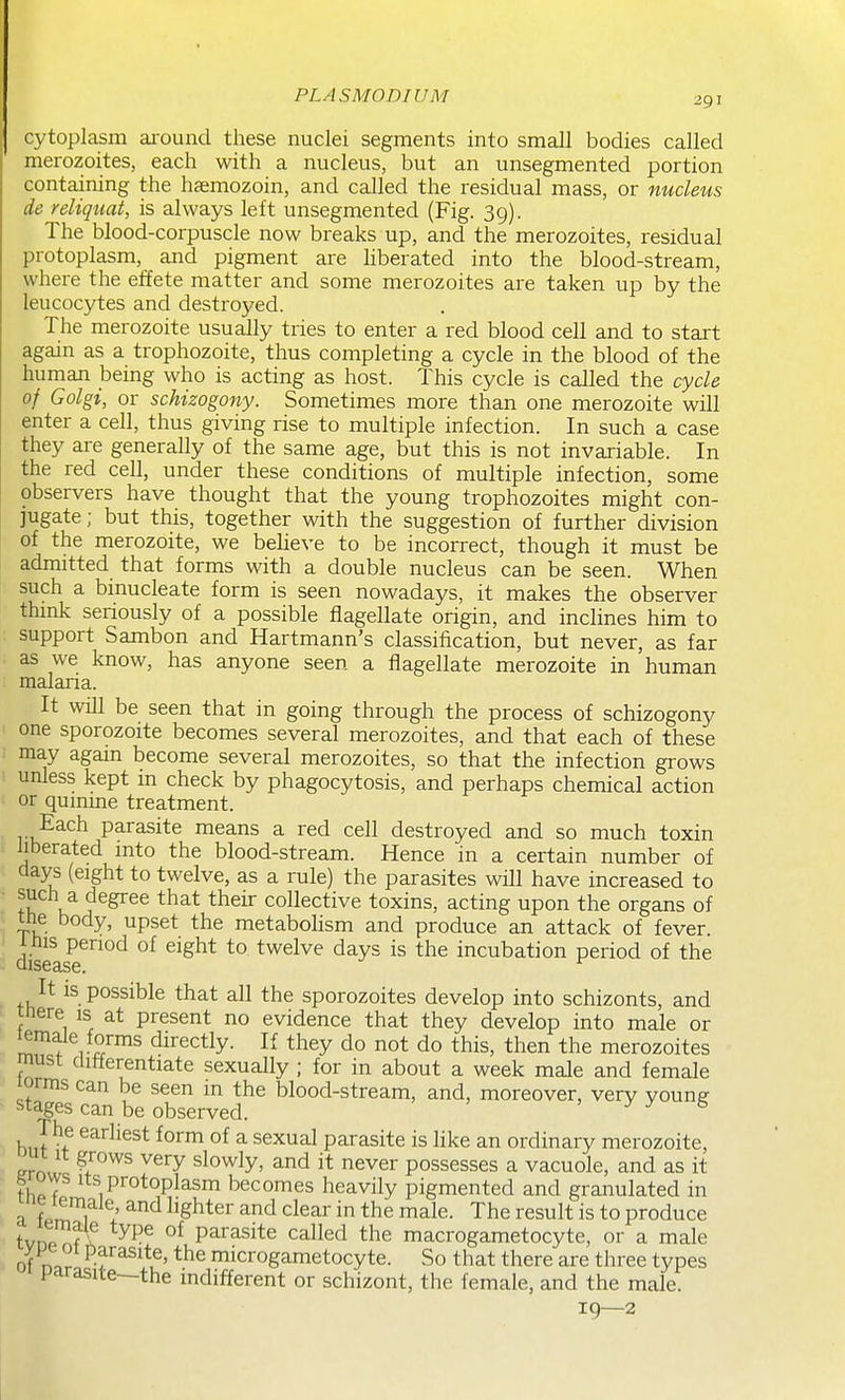 cytoplasm ai-ound these nuclei segments into small bodies called merozoites, each with a nucleus, but an unsegmented portion containing the haemozoin, and called the residual mass, or nucleus de reliquat, is always left unsegmented (Fig. 3g). The blood-corpuscle now breaks up, and the merozoites, residual protoplasm, and pigment are hberated into the blood-stream, where the effete matter and some merozoites are taken up by the leucocytes and destroyed. The merozoite usually tries to enter a red blood cell and to start again as a trophozoite, thus completing a cycle in the blood of the human being who is acting as host. This cycle is called the cycle of Golgi, or schizogony. Sometimes more than one merozoite will enter a cell, thus giving rise to multiple infection. In such a case they are generally of the same age, but this is not invariable. In the red cell, under these conditions of multiple infection, some observers have thought that the young trophozoites might con- jugate ; but this, together with the suggestion of further division of the merozoite, we believe to be incorrect, though it must be admitted that forms with a double nucleus can be seen. When such a binucleate form is seen nowadays, it makes the observer thmk seriously of a possible flagellate origin, and inclines him to support Sambon and Hartmann's classification, but never, as far as we know, has anyone seen a flagellate merozoite in human malaria. It will be seen that in going through the process of schizogony one sporozoite becomes several merozoites, and that each of these may again become several merozoites, so that the infection grows unless kept in check by phagocytosis, and perhaps chemical action or quinine treatment. Each parasite means a red cell destroyed and so much toxin liberated into the blood-stream. Hence in a certain number of clays (eight to twelve, as a rule) the parasites wfll have increased to k J collective toxins, acting upon the organs of tile body, upset the metabolism and produce an attack of fever. disease^°^ of eight to twelve days is the incubation period of the It is possible that all the sporozoites develop into schizonts, and tnere is at present no evidence that they develop into male or m + r«™^ directly. If they do not do this, then the merozoites must differentiate sexually ; for in about a week male and female lorms can be seen m the blood-stream, and, moreover, very voune stages can be observed. > yy & The earliest form of a sexual parasite is like an ordinary merozoite, ui it grows very slowly, and it never possesses a vacuole, and as it th^ff ^P''°^oplasm becomes heavily pigmented and granulated in a W 1 ^^^^^'^ ^^^^^ *he male. The result is to produce tvnp f ^ parasite called the macrogametocyte, or a male of mr P.f ^1*^' ■the microgametocyte. So that there are three types parasite—the indifferent or schizont, the female, and the male. 19—2