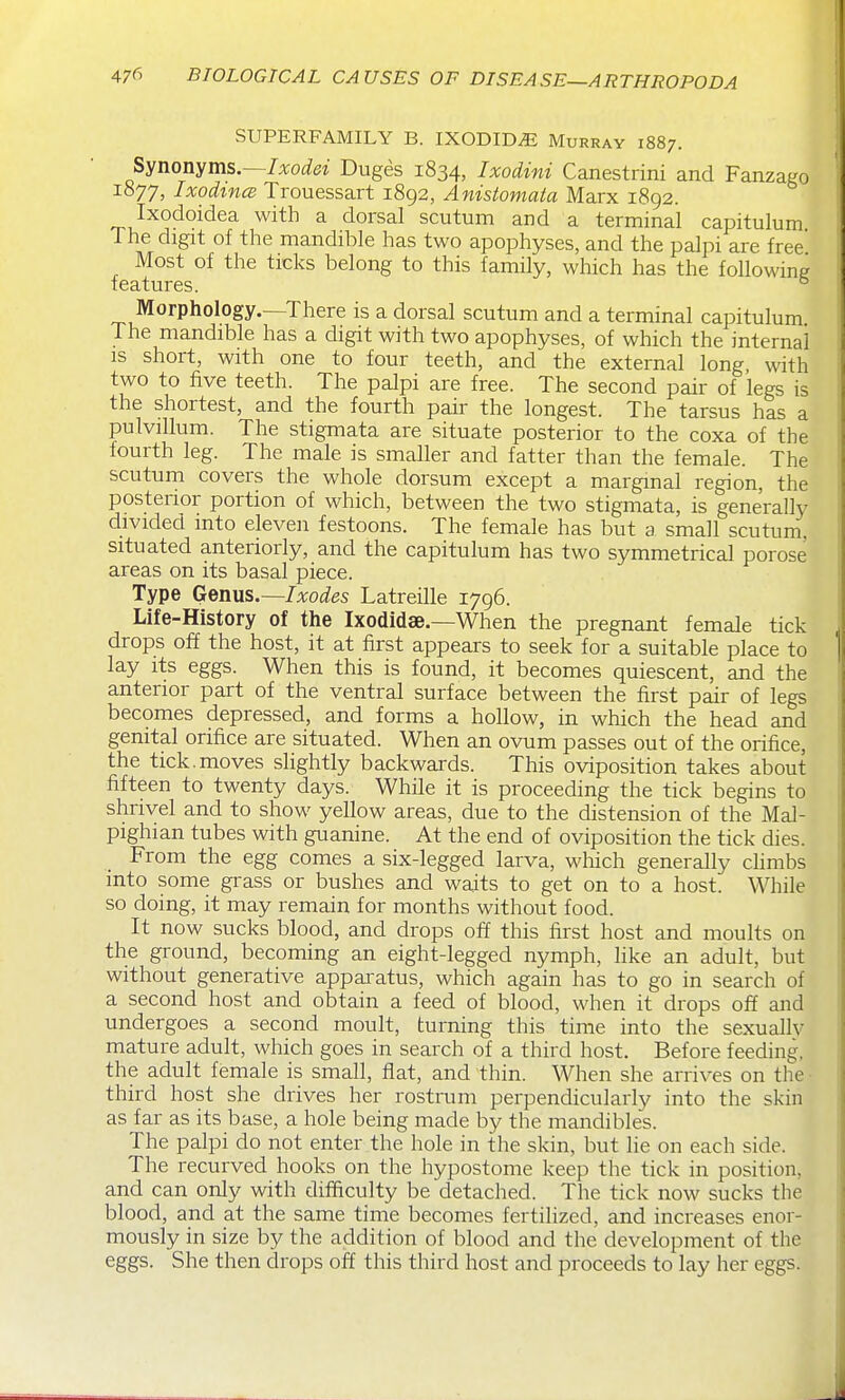 SUPERFAMILY B. IXODID^ Murray 1887. Synonyms.—/%ot?6i Duges 1834, Ixodini Canestrini and Fanzago 1877, IxodmcB Trouessart 1892, Anistomata Marx 1892. Ixodoidea with a dorsal scutum and a terminal capitulum The digit of the mandible has two apophyses, and the palpi are free Most of the ticks belong to this family, which has the following features. ° Morphology.—There is a dorsal scutum and a terminal capitulum The mandible has a digit with two apophyses, of which the internal IS short, with one to four teeth, and the external long, with two to five teeth. The palpi are free. The second pair of legs is the shortest, and the fourth pair the longest. The tarsus has a pulvillum. The stigmata are situate posterior to the coxa of the fourth leg. The male is smaller and fatter than the female. The scutum covers the whole dorsum except a marginal region, the posterior portion of which, between the two stigmata, is generally divided into eleven festoons. The female has but a small scutum, situated anteriorly, and the capitulum has two symmetrical porose areas on its basal piece. Type Gmus.—Ixodes Latreille 1796. Life-History of the Ixodidae.—When the pregnant female tick drops off the host, it at first appears to seek for a suitable place to lay its eggs. When this is found, it becomes quiescent, and the anterior part of the ventral surface between the first pair of legs becomes depressed, and forms a hollow, in which the head and genital orifice are situated. When an ovum passes out of the orifice, the tick.moves slightly backwards. This oviposition takes about fifteen to twenty days. While it is proceeding the tick begins to shrivel and to show yellow areas, due to the distension of the Mal- pighian tubes with guanine. At the end of oviposition the tick dies. From the egg comes a six-legged larva, which generally climbs into some grass or bushes and waits to get on to a host. While so doing, it may remain for months without food. It now sucks blood, and drops off this first host and moults on the ground, becoming an eight-legged nymph, Hke an adult, but without generative appai'atus, which again has to go in search of a second host and obtain a feed of blood, when it drops off and undergoes a second moult, turning this time into the sexually mature adult, which goes in search of a third host. Before feeding, the adult female is small, flat, and thin. When she arrives on the third host she drives her rostrum perpendicularly into the skin as far as its base, a hole being made by the mandibles. The palpi do not enter the hole in the skin, but lie on each side. The recurved hooks on the hypostome keep the tick in position, and can only with difficulty be detached. The tick now sucks the blood, and at the same time becomes fertilized, and increases enor- mously in size by the addition of blood and the development of the eggs. She then drops off this third host and proceeds to lay her eggs.