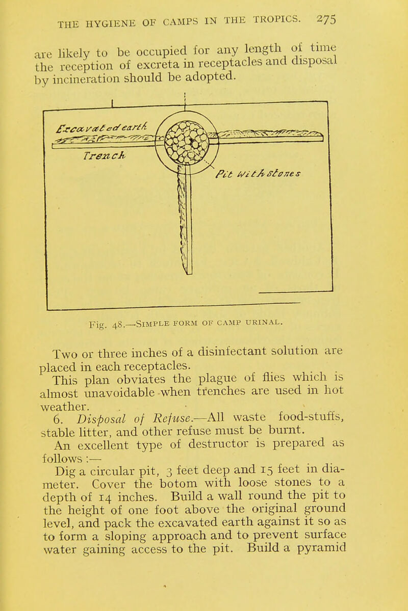are likely to be occupied for any length ot t the reception of excreta in receptacles and disp- by incineration should be adopted. Pig ^8.—Simple form of camp urinal. Two or three inches of a disinfectant solution are placed in each receptacles. This plan obviates the plague of flies which is almost unavoidable when trenches are used m hot weather. 6. Disposal of Refuse.—All waste food-stuffs, stable litter, and other refuse must be burnt. An excellent type of destructor is prepared as follows:— Dig a circular pit, 3 feet deep and 15 feet in dia- meter. Cover the botom with loose stones to a depth of 14 inches. Build a wall round the pit to the height of one foot above the original ground level, and pack the excavated earth against it so as to form a sloping approach and to prevent surface water gaining access to the pit. Build a pyramid