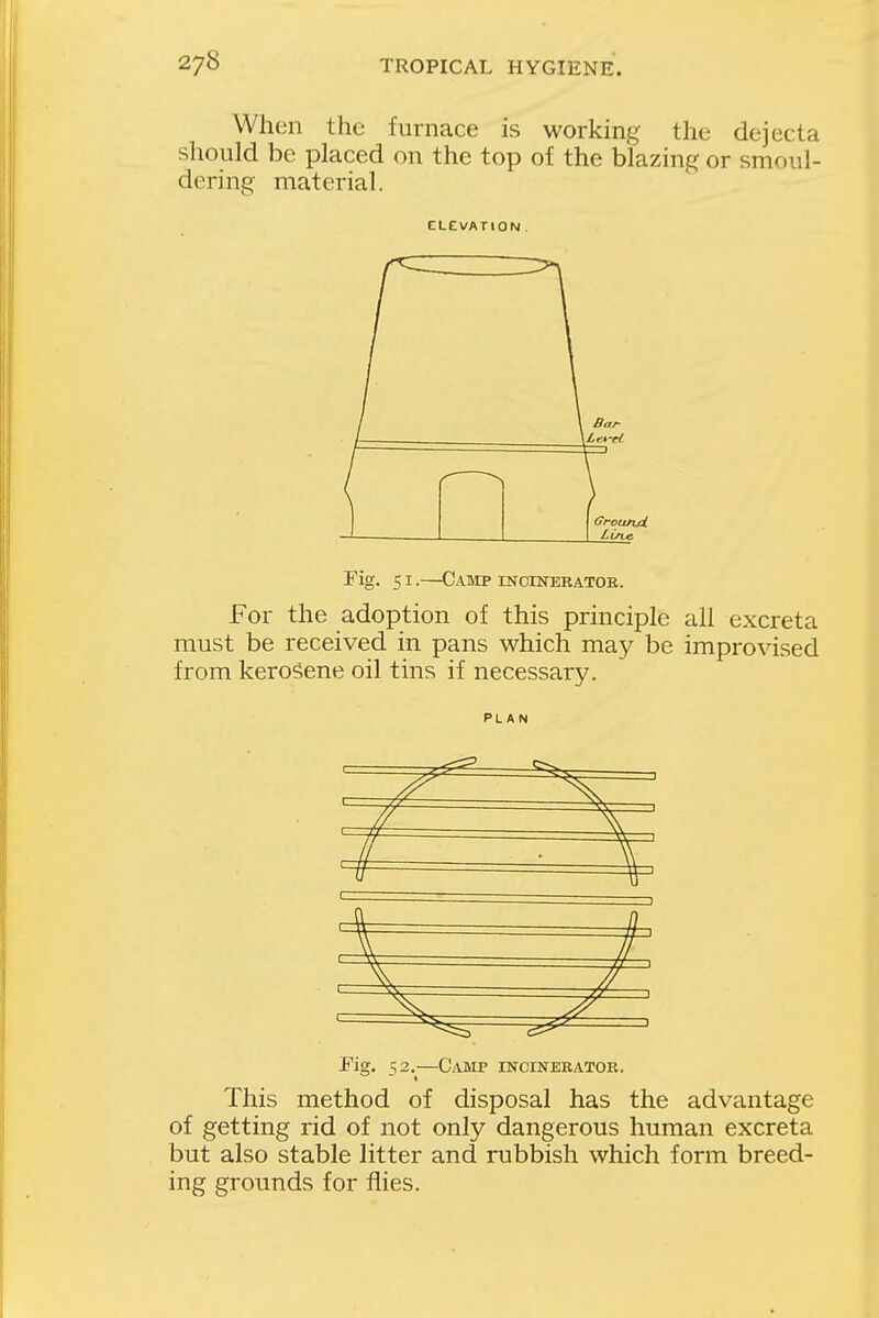 When the furnace is working the dejecta should be placed on the top of the blazing or smoul- dering material. ELEVATION . Fig. 5 r.—Camp incinerator. For the adoption of this principle all excreta must be received in pans which may be improvised from kerosene oil tins if necessary. PLAN ^ Fig. 52.^—Camp incinerator. This method of disposal has the advantage of getting rid of not only dangerous human excreta but also stable litter and rubbish which form breed- ing grounds for flies.
