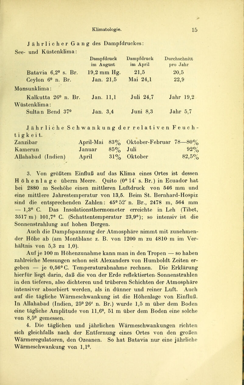 Jährlicher Gang des Dampfdruckes: See- und Küstenklima: Batavia 6,2° s. Br. Ceylon 6° n. Br. Monsunklima: Kalkutta 26° n. Br. Wüstenklima: Sultan Bend 37° Dampfdruck Dampfdruck im August im April 19,2 mm Hg. 21,5 Jan. 21,5 Mai 24,1 Jan. 11,1 Jan. 3,4 Juli 24,7 Juni 8,3 Durchschnitt pro Jahr 20,5 22,9 Jahr 19,2 Jahr 5,7 Jähr liche Schwankung der relativen Feuch- tigkeit. Zanzibar April-Mai 83% Oktober-Februar 78—80% Kamerun Januar 85% Juli 92% Allahabad (Indien) April 31% Oktober 82,5% 3. Von größtem Einfluß auf das Klima eines Ortes ist dessen H öhenlage überm Meere. Quito (0° 14' s. Br.) in Ecuador hat bei 2880 in Seehöhe einen mittleren Luftdruck von 546 mm und eine mittlere Jahrestemperatur von 13,5. Beim St. Bernhard-Hospiz sind die entsprechenden Zahlen: 45° 52'n. Br., 2478 m, 564 mm — 1,3° C. Das Insolationsthermometer erreichte in Leh (Tibet, 3517 m) 101,7° G. (Schattentemperatur 23,9°); so intensiv ist die Sonnenstrahlung auf hohen Bergen. Auch die Dampfspannung der Atmosphäre nimmt mit zunehmen- der Höhe ab (am Montblanc z. B. von 1200 m zu 4810 m im Ver- hältnis von 5,3 zu 1,0). Auf je 100 m Höhenzunahme kann man in den Tropen — so haben zahlreiche Messungen schon seit Alexanders von Humboldt Zeiten er- geben — je 0,56° G. Temperaturabnahme rechnen. Die Erklärung hierfür liegt darin, daß die von der Erde reflektierten- Sonnenstrahlen in den tieferen, also dichteren und trüberen Schichten der Atmosphäre intensiver absorbiert werden, als in dünner und reiner Luft. Auch auf die tägliche Wärmeschwankung ist die Höhenlage von Einfluß. In Allahabad (Indien, 25° 26' n. Br.) wurde 1,5 m über dem Boden eine tägliche Amplitude von 11,6°, 51 m über dem Boden eine solche von 8,5° gemessen. 4. Die täglichen und jährlichen Wärmeschwankungen richten sich gleichfalls nach der Entfernung eines Ortes von den großen Wärmeregulatoren, den Ozeanen. So hat Batavia nur eine jährliche Wärmeschwankung von 1,1°.