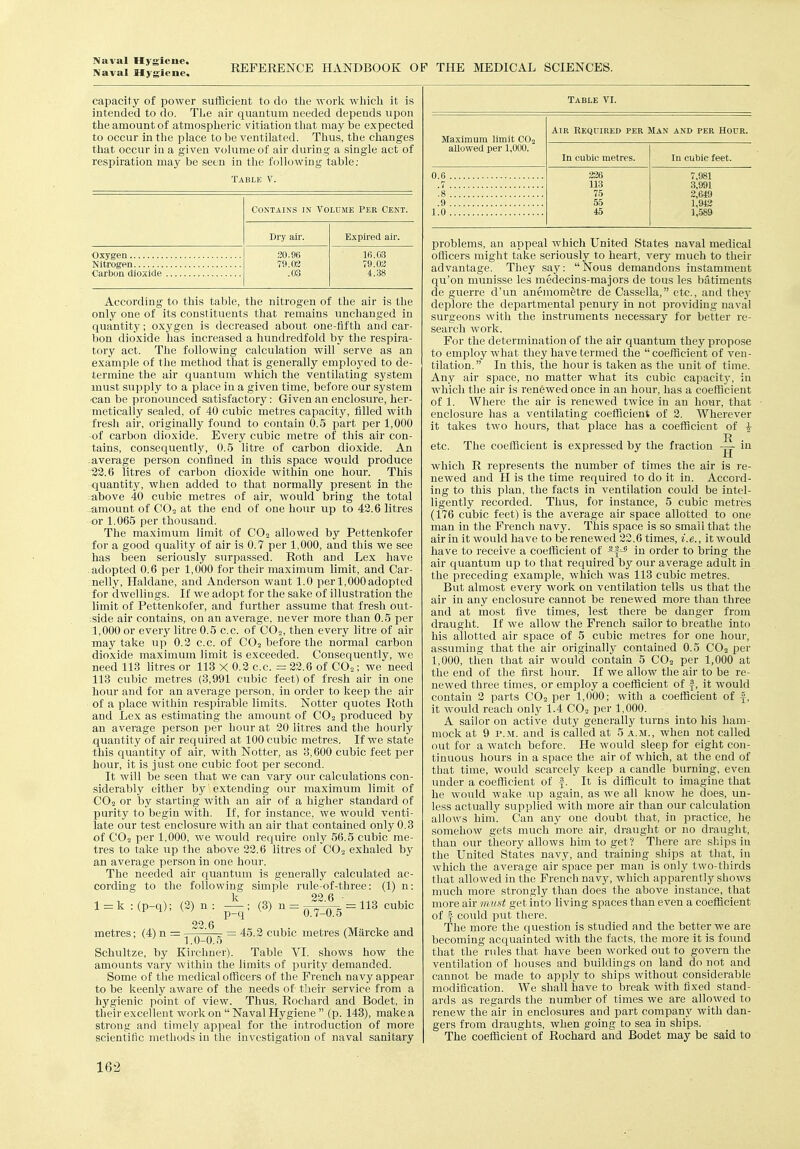 Naval Hygiene, REFERENCE HANDBOOK OF THE IVEEDICAL SCIENCES. capacity of power sufiicient to do the work which it is intended to do. Tlie air quantum needed depends upon the amount of atmospheric vitiation tliat maybe expected to occur in tlie jjlace to be ventilated. Thus, the clianges that occur in a given volume of air during a single act of respiration may be seen in tlie following table; Table V. Contains in Volume Per Cent. Dry air. Expired air. 20.96 16.03 79.02 79.03 .03 4.38 According to this table, the nitrogen of the air is the only one of its constituents that remains unchanged in quantity; oxygen is decreased about one-lifth and car- bon dioxide has increased a hundredfold by the respira- tory act. The following calculation will serve as an example of the method tTiat is generally emploj-ed to de- termine the air quantum which the ventilating system must supply to a place in a given time, before our system ■can be pronounced satisfactory: Given an enclosure, her- metically sealed, of 40 cubic metres capacity, filled with fresh air, originally found to contain 0.5 part per 1,000 ■of carbon dioxide. Every cubic metre of this air con- tains, consequently, 0.5 litre of carbon dioxide. An : average person confined in this space would produce 22.6 litres of carbon dioxide within one hour. This quantity, when added to that normally present in the above 40 cubic metres of air, would bring the total amount of COs at the end of one hour up to 42.6 litres or 1.065 per thousand. The maximum limit of CO2 allowed by Pettenkofer for a good quality of air is 0.7 per 1,000, and this we see bas been seriously surpassed. Roth and Lex have adopted 0.6 per 1,000 for their maximum limit, and Car- nelly, Haldane, and Anderson want 1.0 per 1,000 adopted for dwellings. If we adopt for the sake of illustration the limit of Pettenkofer, and further assume that fresh out- :side air contains, on an average, never more than 0.5 per 1,000 or every litre 0.5 c.c. of CO2, then every litre of air may take up 0.2 c.c. of CO2 before the normal carbon dioxide maximum limit is exceeded. Consequently, we need 113 litres or 113 X 0.2 c.c. = 22.6 of COo; we need 118 cubic metres (3,991 cubic feet) of fresh air in one hour and for an average person, in order to keep the air of a place within respirable limits. Notter quotes Roth and Lex as estimating the amount of CO2 produced by an average person per hour at 20 litres and the hourly quantity of air required at 100 cubic metres. If we state this quantity of air, with Notter, as 3,600 cubic feet per hour, it is just one cubic foot per second. It will be seen that we can vary our calculations con- siderably either by extending our maximum limit of CO2 or by starting with an air of a higher standard of purity to begin with. If, for instance, we would venti- late our test enclosure with an air that contained only 0.3 of CO2 per 1,000, we would require only 56.5 cubic me- tres to take up the above 22.6 litres of CO2 exhaled by an average person in one hour. The needed air quantum is generally calculated ac- cording to the following simple rule-of-three: (1) n: 1 = k : (p-q); (2) n : —; (8) n = = 113 cubic 22 6 metres; (4)n = , ' , = 45.2 cubic metres (Marcke and I.O-O.D Schultze, by Kirchner). Table VI. shows how the amounts vary within the limits of purity demanded. Some of the medical officers of the French navy appear to be keenly aware of the needs of their service from a hj'^gienic point of view. Thus, Rochard and Bodet, in their excellent work on  Naval Hygiene  (p. 148), make a strong and timely appeal for the introduction of more scientific methods in the investigation of naval sanitary Table VI. Maximum limit CO2 allowed per 1,000. Air Required per Man and per Hour. In cubic metres. In cubic feet. 0.6 326 113 75 55 45 7,981 3,991 2,649 1,942 1,589 .7 .8 .9 1.0 problems, an appeal which United States naval medical officers might take seriously to heart, very much to their advantage. They say: Nous demandons instamment qu'on munisse les medecins-majors de tons les batiments de guerre d'un anemometre de Cassella, etc., and they deplore the departmental penury in not providing naval surgeons with the instruments necessary for better re- search work. For the determination of the air quantum they propose to employ what they have termed the  coefficient of ven- tilation. In this, the hour is taken as the unit of time. Any air space, no matter what its cubic capacity, in which the air is renewed once in an hour, has a coefficient of 1. Where the air is renewed twice in an hour, that enclosure has a ventilating coefficient of 2. Wherever it takes two hours, that place has a coefficient of i etc. The coefficient is expres.sed by the fraction in which R represents the number of times the air is re- newed and H is the time required to do it in. Accord- ing to this plan, the facts in ventilation could be intel- ligently recorded. Thus, for instance, 5 cubic metres (176 cubic feet) is the average air space allotted to one man in the French navy. This space is so small that the air in it would have to be renewed 22,6 times, i.e., it would have to receive a coefficient of in order to bring the air quantum up to that required by our average adult in the preceding example, which was 113 cubic metres. But almost every work on ventilation tells us that the air in any enclosure cannot be renewed more than three and at most five times, lest there be danger from draught. If we allow the French sailor to breathe into his allotted air space of 5 cubic metres for one hour, assuming that the air originally contained 0.5 CO2 per 1,000, then that air would contain 5 CO2 per 1,000 at the end of the first hour. If we allow the air to be re- newed three times, or employ a coefficient of f, it would contain 2 parts COo per 1,000; with a coefficient of it would reach only 1.4 CO2 per 1,000. A sailor on active duty generally turns into his ham- mock at 9 P..M. and is called at 5 a.m., when not called out for a watch before. He would sleep for eight con- tinuous hours in a space the air of which, at the end of that time, would scarcely keep a candle burning, even under a coefficient of It is difficult to imagine that he would wake up again, as we all know he does, un- less actuall}^ supplied with more air than our calculation allows him. Can any one doubt that, in practice, he somehow gets much more air, draught or no draught, than our theory allows him to get? There are ships in the United States navy, and training ships at that, in which the average air space per man is only two-thirds that allowed in the French navy, which apparently shows much more strongly than does the above instance, that more air niu.'it get into living spaces than even a coefficient of I could put there. The more the question is studied and the better we are becoming acquainted with the facts, the more it is found that the rules that have been worked out to govern the ventilation of houses and buildings on land do not and cannot be made to apply to ships without considerable modification. We shall have to break with fixed stand- ards as regards the number of times we are allowed to renew the air in enclosures and part company with dan- gers from draughts, when going to sea in ships. The coefficient of Rochard and Bodet may be said to