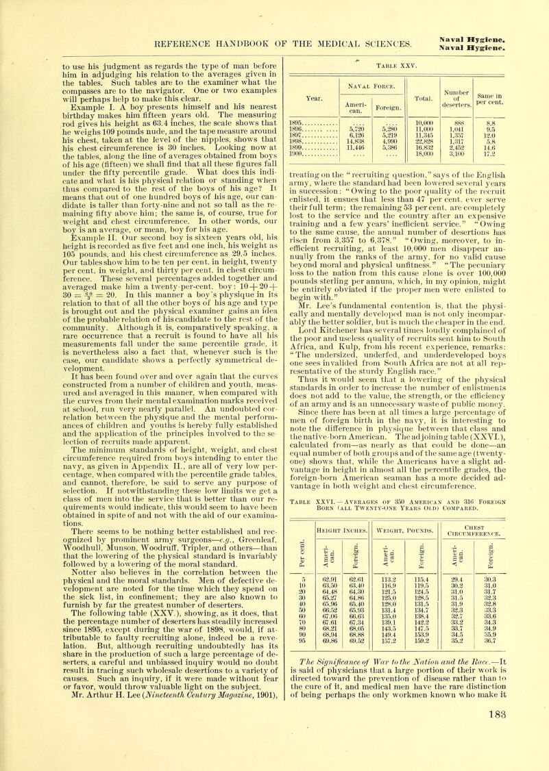 Naval Hygiene. to use his judgment as regards the type of man before him in adjudging his relation to tlie averages given in the tables. Such tables are to the examiner what the compasses are to the navigator. One or two examples will perhaps help to make this clear. Example I. A boy presents himself and his nearest birthday makes him fifteen years old. The measuring rod gives his height as 63.4 inches, the scale shows that he weighs 109 pounds nude, and the tape measure around his chest, taken at the level of the nipples, shows that his chest circumference is 30 inches. Looking now at the tables, along the line of averages obtained from boys of his age (fifteen) we shall find that all these figures fall under the fifty percentile grade. What does this indi- cate and what is his physical relation or standing when thus compared to the rest of the boys of his age V It means that out of one hundred boys of his age, our can- didate is taller than forty-nine and not so tall as the re- maining fifty above him; the same is, of course, true for weight and chest circumference. In other words, our boy is an average, or mean, boy for his age. Example II. Our second boy is sixteen years old, his height is recorded as five feet and one inch, his weight as 105 pounds, and his chest circumference as 29.5 inches. Our tables show him to be ten per cent, in height, twenty per cent, in weight, and thirty per cent, in chest circum- ference. These several percentages added together and averaged make him a twenty-per-cent. boy: 10 + 20 + 30 = = 20. In this manner a boy's physique in its relation to that of all the other boys of his age and type is brought out and the physical examiner gains an idea of the probable relation of his candidate to the rest of the community. Although it is, comparatively speaking, a rare occurrence that a recruit is found to have all his measurements fall under the same percentile grade, it is nevertheless also a fact that, whenever such is the case, our candidate shows a perfectly symmetrical de- velopment. It has been found over and over again that the curves con.structed from a number of children and youth, meas- ured and averaged in this manner, when compared with the curves from their mental examination marks received at school, run very nearly parallel. An undoTibted cor- relation betAveen the physique and the mental perform- ances of children and youths is hereby fully established and the application of the principles involved to the se- lection of recruits made apparent. The minimum standartls of height, weight, and chest circumference required from boys intending to enter tlie navy, as given in Appendix II., are all of very low per- centage, when compared with the percentile grade tables, and cannot, therefore, be said to serve any purpose of selection. If notwithstanding these low limits we get a class of men into the service that is better tlian our re- quirements would indicate, this would seem to have been obtained in spite of and not with the aid of our examina- tions. There seems to be nothing better established and rec- ognized by prominent army surgeons—e.g., Greenleaf, WoodhuU, Munson, Woodruff, Tripler, and others—than that the lowering of the physical standard is invariably followed by a lowering of the moral standard. Notter also believes in the correlation between the physical and the moral standards. Men of defective de- velopment are noted for the time which they spend on the sick list, in confinement; they are also known to furnish by far the greatest number of deserters. The following table (XXV.), showing, as it does, that the percentage number of deserters has steadily increased since 1895, except during the war of 1898, would, if at- tributable to faulty recruiting alone, indeed be a reve- lation. But, although recruiting undoubtedly has its share in tlie production of such a large percentage of de- serters, a careful and unbiassed inquiry would no doubt result in tracing such wholesale desertions to a variety of causes. Such an inquiry, if it were made without fear or favor, would throw vahiable light on the subject. Mr. Arthur H. Lee {Nineteenth Cent ury Magazine, 1901), Table XXV. Year. Navai. Ameri- can. FOKCK. Foreign. Total. Number of deserters. Same in per cent. 189.5 10,000 888 8.8 1896 5,720 5,280 11,000 1,041 9.5 1897 6,126 5,219 11,345 1,3.57 12.0 1898 lt,838 4,990 22,828 1,317 5.8 1899 11,446 5,386 16,832 2,452 14.6 1900 .... 18,000 3,100 17.2 treating on the recruiting question, says of the English army, where the standard had been lowered several years in succession: Owing to the poor quality of the recruit enlisted, it ensues that less than 47 per cent, ever serve their full term; the remaining 53 per cent, are completely lost to the service and the country after an expensive training and a few years'inefficient service. Owing to the same cause, the annual number of desertions has risen from 3,357 to 6,378. Owing, moreover, to in- efficient recruiting, at least 10,000 men disappear an- nually from the ranks of the army, for no valid cause beyond moral and physical unfitness. The pecuniary loss to the nation from this cause elone is over 100,000 pounds sterling per annmn, which, in my opinion, might be entirely obviated if the proper men were enlisted to begin with. Mr. Lee's fundamental contention is, that the physi- cally and mentally developed man is not on!}' incompar- ably the better soldier, but is much the cheaper in the end. Lord Kitchener has several times loudly complained of the poor and useless cinality of recruits sent him to South Africa, and Kulp, from his recent experience, remarks:  The undersized, underfed, and underdeveloped boys one sees invalided from South Africa are not at all rep- resentative of the sturdy English race. Thus it would seem that a lowering of the physical standards in order to increase the number of enlistments does not add to the value, the strength, or the efficiency of an army and is an imnecessary waste of public money. Since there has been at all times a large percentage of men of foreign birth in tlie navy, it is interesting to note the diff'erence in physique between that class and the native-born American. The adjoining table (XXVI.), calculated from—as nearly as that could be done—an equal number of both groups and of the same age (twenty- one) shows that, while the Americans have a slight ad- vantage in height in almost all the percentile grades, the foreign-born American seaman has a more decided ad- vantage in both weight and chest circumference. Table XXVI.—Averages of 3.50 American and 316 Foreign Born (all Twenty-One Years Old) Compared. Height Inches. Weight, POUNDS. Chest Circumference. cent. * a as < c .Sf a; d < ^ S d fcf ID 'S o b <° 'I! o 5 10 20 30 40 50 60 70 80 90 95 62.91 63..50 64.48 65.27 65.96 66..52 67.06 67.61 68.21 68.94 69.86 62.61 63.40 64.30 64.86 65.40 65.93 66.63 67.34 68.05 68.88 69..52 113.2 116.9 121.5 12^5.0 128.0 131.4 135.0 139.1 143.5 149.4 1.57.2 11.5.4 119.5 124.5 128.5 131.5 V.U.I i;58.4 142.2 147.5 1.53.9 159.2 29.4 30.2 31.0 31.5 31.9 32.3 32.7 S3.2 33.7 34.5 35.2 30.3 31.0 31.7 32.3 32.8 33.3 33.6 34.3 34.9 35.9 36.7 The Significance of War to the Nation and the Race.—It is said of physicians that a large portion of their woik is directed toward the prevention of disease rather than to the cure of it, and medical men have the rare distinction of being perhaps the only workmen known who make it