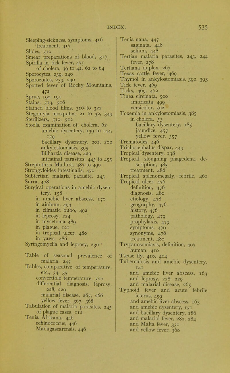 Sleeping-sickness, symptoms, 416 treatment, 417 Slides, 510 Smear preparations of blood, 317 Spirilla in tick fever, 471 of cholera, 39 to 42, 62 to 64 Sporocytes, 239, 240 Sporozoites, 239, 240 Spotted fever of Rocky Mountains, 472 Sprue, 190, 191 Stains, 513, 516 Stained blood films, 316 to 322 Stegomyia mosquitos, 21 to 32, 349 Sterilizers, 510, 512 Stools, examination of, cholera, 62 amebic dysentery, 139 to 144, 159 bacillary dysentery, 201, 202 ankylostomiasis, 395 Bilharzia disease, 429 intestinal parasites, 445 to 455 Streptothrix Madura, 487 to 490 Strongyloides intestinalis, 450 Subtertian malaria parasite, 243 Surra, 408 Surgical operations in amebic dysen- tery, 158 in amebic liver abscess, 170 in ainhum, 494 in climatic bubo, 492 in leprosy, 224 in mycetoma 489 in plague, 121 in tropical ulcer, 480 in yaws, 486 Syringomyelia and leprosy, 230 ■ Table of seasonal prevalence of malaria, 247 Tables, comparative, of temperature, etc., 34, 35 convertible temperature, 520 differential diagnosis, leprosy, 228, 229 malarial disease, 265, 266 yellow fever, 367, 368 Tabulation of malaria parasites, 245 of plague cases, 112 Tenia Africana, 446 echinococcus, 446 Madagascarensis, 446 Tenia nana, 447 saginata, 448 solium, 448 Tertian malaria parasites, 243, 244 fever, 278 Tertiana duplex, 267 Texas cattle fever, 469 Thymol in ankylostomiasis, 392, 393 Tick fever, 469 Ticks, 469, 472 Tinea circinata, 500 imbricata, 499 versicolor, 502 Toxemia in ankylostomiasis, 385 in cholera, 53 bacillary dysentery, 185 jaundice, 457 yellow fever, 357 Trematodes, 446 Trichocephalus dispar, 449 Tropical dysentery, 138 Tropical sloughing phagedena, de- scription, 485 treatment, 486 Tropical splenomegaly, febrile, 461 Tropical ulcer, 476 definition, 476 diagnosis, 480 etiology, 478 geography, 476 history, 476 pathology, 479 prophylaxis, 479 symptoms, 479 synonyms, 476 treatment, 480 Trypanosomiasis, definition, 407 human, 410 Tsetse fly, 410, 414 Tuberculosis and amebic dysentery, and amebic liver abscess, 163 and leprosy, 228, 229 and malarial disease, 265 Typhoid fever and acute febrile icterus, 459 and amebic liver abscess, 163 and amebic dysentery, 151 and bacillary dysentery, 186 and malarial fever, 282, 284 and Malta fever, 330 and yellow fever, 360