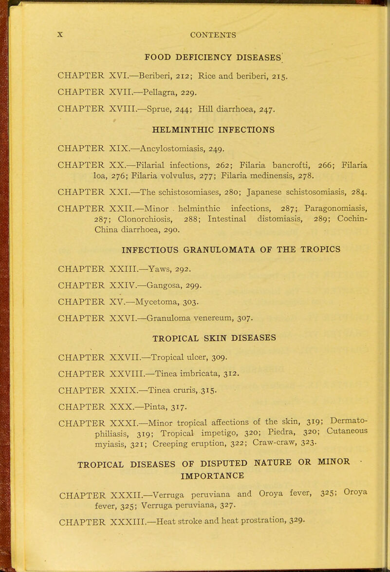 FOOD DEFICIENCY DISEASES^ CHAPTER XVI— Beriberi, 212; Rice and beriberi, 215. CHAPTER XVII.—Pellagra, 229. CHAPTER XVIII.—Sprue, 244; Hill diarrhoea, 247. HELMINTHIC INFECTIONS CHAPTER XIX.—Ancylostomiasis, 249. CHAPTER XX.—Filarial infections, 262; Filaria bancrofti, 266; Filaria loa, 276; Filaria volvulus, 277; Filaria medinensis, 278. CHAPTER XXI.—The schistosomiases, 280; Japanese schistosomiasis, 284. CHAPTER XXII.—Minor . helminthic infections, 287; Paragonomiasis, 287; Clonorchiosis, 288; Intestinal distomiasis, 289; Cochin- China diarrhoea, 290. INFECTIOUS GRANULOMATA OF THE TROPICS CHAPTER XXIII—Yaws, 292. CHAPTER XXIV.—Gangosa, 299. CHAPTER XV.—Mycetoma, 303. CHAPTER XXVI.—Granuloma venereum, 307. TROPICAL SKIN DISEASES CHAPTER XXVII.—Tropical ulcer, 309. CHAPTER XXVIII.—Tinea imbricata, 312. CHAPTER XXIX.—Tinea cruris, 315. CHAPTER XXX—Pinta, 317. CHAPTER XXXI.—Minor tropical affections of the skin, 319; Dermato- philiasis, 319; Tropical impetigo, 320; Piedra, 320; Cutaneous myiasis, 321; Creeping eruption, 322; Craw-craw, 323. TROPICAL DISEASES OF DISPUTED NATURE OR MINOR • IMPORTANCE CHAPTER XXXII.—Verruga peruviana and Oroya fever, 325; Oroya fever, 325; Verruga peruviana, 327. CHAPTER XXXIII—Heat stroke and heat prostration, 329.
