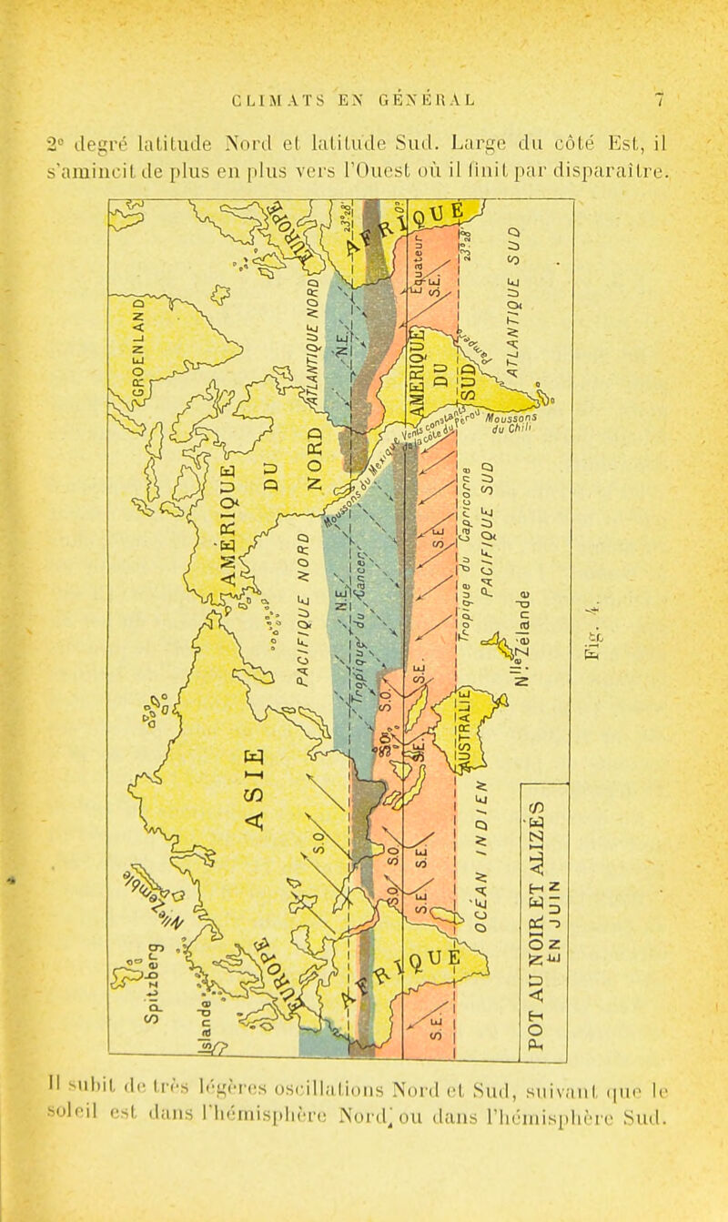•2° degré lalitude Nord e( lalilude Sud. Large du côté EsL, il s'amiucil de plus en plus vers l'Ouest où il Unit par disparaître. sul.it tri's légc'rcs osoillatiuiis Nord et Sud, suivant que le Ifil est dans riiémisplière Nord; ou dans riiéniisplière Sud.