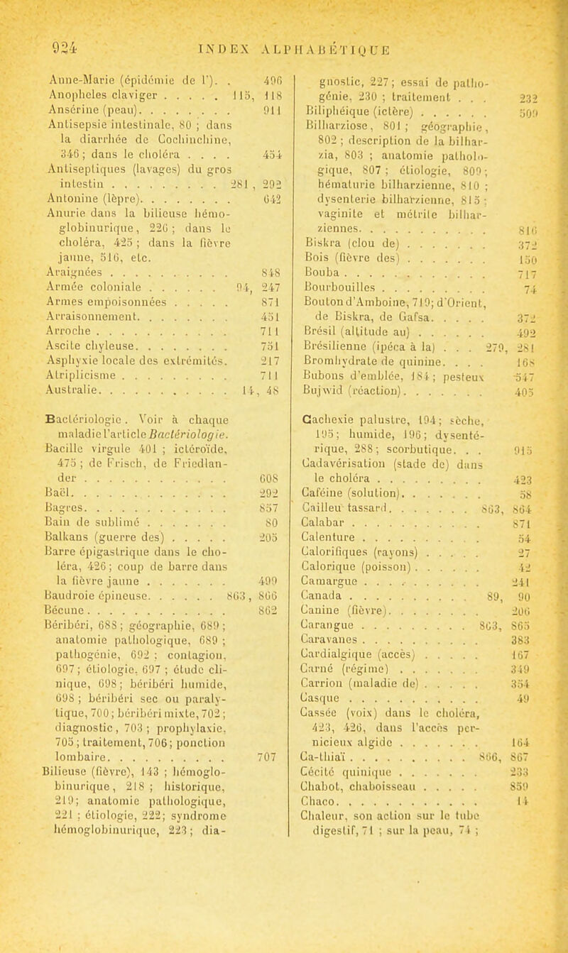 934 11\ D E X A L P I I A li il TIQ U E Aune-Marie (épidémie de 1'). . Anoplicles claviger llo, Ansériiie (peau) Antisepsie intestinale, 80 ; dans la diai-rliée de Cocliincliine, 346 ; dans le clioléra .... Antiseptiques (lavages) du gros intestin :i81 , Antonine (lèpre) Anurie dans la bilieuse liéino- globinurique, 2-20; dans le clioléra, 425 ; dans la fièvre jaune, 510, etc. Araignées Armée coloniale (14, Armes empoisonnées Arraisonnement Arroclie Ascite cliyleuse Aspliyxie locale dos extrémités. Atriplicisme Australie I i- 400 118 on 454 292 848 247 871 451 711 731 217 711 48 Bactériologie. Voir à chaque maladie l'article Brtc/f!?io?o^/e. Bacille virgule 401 ; ictéroïde, 473 ; de [risch, de Friodlan- der C08 Bacl 292 Bagres 857 Bain de sublime 80 Balkans (guerre des) 203 Barre épigastrique dans le cho- léra, 420 ; coup de barre dans la fièvre jaune 499 Baudroie épineuse 803 , 800 Bécune 802 Béribéri, 68S ; géographie, G89 ; analomie patliologique, 689 ; pathogénie, 692 ; contagion, 097; otiologie, 697 ; étude cli- nique, 098; béribéri humide, 098 ; béribéri sec ou paraly- tique, 700 ; béribéri mixte, 702 ; diagnostic, 70.'j ; prophylaxie. 703 ; traitement, 706 ; ponction lombaire 707 Bilieuse (fièvre), 143 ; liémoglo- binurique, 218; historique, 219; analomie pathologique, 221 : étiologie, 222; syndrome homoglobinurique, 223 ; dia- gnostic, 227; es.sai de patlio- génie, 230 ; traitement . . . Bilipliéique (ictère) Billiarziose, 801; géographie, 802 ; description de la billiar- /.ia, 803 ; analomie patholo- gique, 807 ; étiologie, 800 ; hématurie bilharzienne, 810 ; dysenterie bilhai-zicnne, 813: vaginite et niétrile biiliar- ziennes Biskra (clou de) Bois (fièvre des) Bouba Bourbouilles Bouton d'Amboine, 710; d'Orient, de Biskra, de Gafsa Brésil (altitude au) Brésilienne (ipéca à la) . . . 270, Bromhydrate de quinine. . . . Bubons d'emblée, 184; pesleux Bujwid (réaction) Cachexie palustre, 194; sèche, 105; humide, 190; dysenté- rique, 288 ; scorbutique. . . Cadavérisation (stade do) dans le choléra Caféine (solution) Gailleu tassarii S63, Calabar Calenture Calorifiques (rayons) Calorique (poisson) Camargue Canada 89, Canine (fièvre) Carangue 803, Caravanes Cardialgique (accès) Carné (régime) Carrion (maladie do) Casque Cassée (voix) dans le choléra, 423, 420, dans l'accès per- nicieux algidc Ca-thiai 806, Cécité quinique Chabot, cliaboisseau Chaco Chaleur, son action sur le tube digestif, 71 ; sur la peau, 7i ; 232 300 810 372 l.jn 717 37J 492 281 108 34 7 405 Oi:. 423 58 8Ô4 871 54 241 90 200 SC5 383 107 340 354 40 I6i 807 233 850 I i