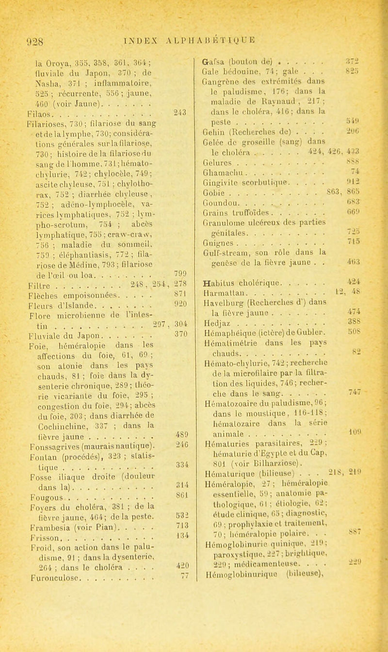 la Oroya, 335, 358, 301, 304 ; Ihiviiile du Japon, 370 ; de Xaslia, 371 ; inflammaloiie, 525; récuri'ente, 550; jaune, 400 (voii- Jaune) Filaos F'ilarioses, 730; filariose du sang etdelalymplie, 730; cousidcra- tions géuoi'ales surlafilariose, 730; liisloire de la fdariosodu sang de l'iioninie, 7:-)l ; liémaln- cliylui'ie, 742; chylocèle, 749; ascile cliyleuse, 751 ; cliylolho- rax, 7o2 ; dian-liée cliyleuse , 752 ; adcno-lynipliocèle, va- rices lyniplialiques, 752 ; lym- pho-scroUim, 754 ; abcès lymphatique, 755 ; craw-ciaw, 750 ; maladie du sommeil. 750 ; clcplianliasis, 772 ; fda- riose de Médine, 793 ; filarioso de l'œil ou loa Filtre 248, 254, Flèches empoisonnées Fleurs d'Islande Flore microbienne de l'inles- tin 207, Fluviale du Japon Foie, hOmcralopie dans les affections du foie, 01, 00 ; sou atonie dans les pays chauds, 81 ; foie dans la dy- senterie cin-oniqne, 289; théo- rie vicariante du foie, 293 ; congestion du foie, 294; abcès du foie, 303 ; dans diarrhée de Cocliinchine, 337 ; dans la lièvre jaune Fonssagrives (maurais nautique). Fonlan (procodés), 323; statis- tique Fosse iliaque droite (douleur dans la) Fougous Foyers du choléra, 381 ; de la lièvre jaune, 404; delà peste. Frambesia (voir Pian) Frisson Froid, son action dans le palu- disme, 91 ; dans la dysenterie, 204 ; dans le choléra .... Furonculose 243 799 278 871 020 304 370 489 240 334 314 801 532 713 134 420 Gafsa (boulon de) Gale bédouine, 74; gale . . . Gangrène des extrémités dans le |)aludisme, 170; dans la maladie de Haynaud , 217; dans le choléra, 410; dans la peste Celiin (Recherches de) ... . Celée de groseille (sang) dans le choléra 'lii, 420. Gelures Ghamaclui Gingivite scorbutique Gobie 803, Coundou Grains Iruffoïdes Granulome ulcéreux des parties génitales Guignes Gulf-strcam, son rôle dans la genèse de la fièvre jaune . . Habitus cholérique Harmattan 12, Havelburg (Recherches d') dans la fièvre jaune Hedjaz Hémaphéique (ictère) de Gubler. Hcraatimélrie dans les pays chauds Hômato-chylurie, 742 ; recherche de la microfilaire par la filtra- lion des liquides, 740 ; recher- che dans le sang Hématozoaire du paludisme, 06 ; dans le moustique, 110-118; hémato/.aire dans la série animale Hématuries parasitaires, 229 : hématurie d'Egypte et du Cap, 801 (voir Bilharziose). Hématurique (bilieuse) ... 218, Héméralopic, 27 ; hémoralopic essenlielle, 50; anatomie pa- thologique, 01 ; éliologie, 02; étude clinique, 05; diagnostic, 00 : prophylaxie et Iraitemcnl, 70; héméralopic polaire. . . Hénioglobinui'ic qninique, 210; paroxystique, 227 ; briglitique. 220 ; médicamenteuse. . . . liénioglohinurique (bilieuse), 372 825 o40 200 4.13 .S^^ 74 012 803 1)83 CiGO 715 403 424 48 474 388 1 00 210