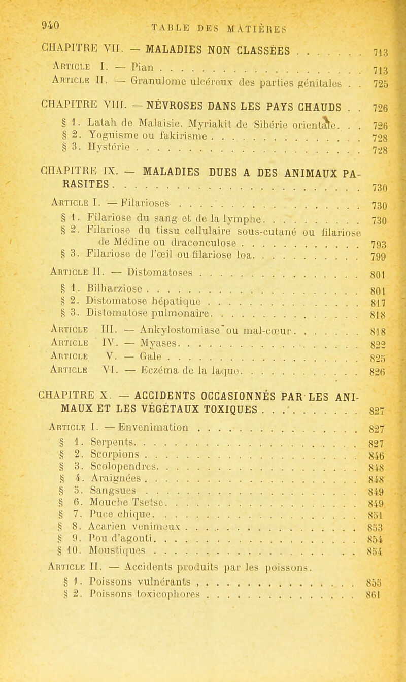 CHAPITRE VIL - MALADIES NON CLASSÉES 1]Z Article I. — Pian 713 Article I[. — Granulome ulcéreux des parties génitales . . 725 CHAPITRE VIII. - NÉVROSES DANS LES PAYS CHAUDS . . 726 § 1. Latali de Malaisie. Myriakit de Siioérie orientehe. . . 726 § 2. Yoguisme ou l'akirisme 728 § 3. Hystérie 7.2g CHAPITRE IX. - MALADIES DUES A DES ANIMAUX PA- RASITES 730 Article I. — Filarioses 73O § 1. Filariose du sang et de la lymphe 730 .!5 2. Fila riose du tissu cellulaire sous-cutané ou lilariose de Médine ou draconculose 793 § 3. Filariose de l'œil ou filariose loa 799 Article II. — Distomatoses 801 § I. Bilharziose 801 § 2. Distomatose hépatique 817 § 3. Distomatose pulmonaire 818 Article III. — Ankylostomiase'ou inal-cœur 818 Article IV. — Myases 822 Article V. — Gale 825' Article W. — Eczéma de la laque 82fi CHAPITRE X. - ACCIDENTS OCCASIONNÉS PAR LES ANI- MAUX ET LES VÉGÉTAUX TOXIQUES 827 Article I. —Envcniination 827 § 1. Serpents 827 § 2. Scorpions 846 § 3. Scolopendres 848 § 4. Araignées 848 § 5. Sangsues 849 § 6. Mouche Tsetse 849 § 7. Puce chique 851 § 8. Acarien venimeux . . . 853 S 9. l'on d'agouti 854 § 10. Moustiques 854 Article II. — Accidents produits par les jioissons. § ). Poissons vulnérants , 855 S 2. Poissons toxicophores 861