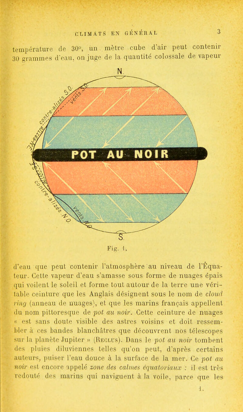 température de 30°, un mètre cube d'air peut contenir 30 grammes d'eau, on juge de la quantité colossale de vapeur N Fig. I. d'eau que peut contenir l'atmosphère au niveau de l'Équa- teur. Cette vapeur d'eau s'amasse sous forme de nuages épais qui voilent le soleil et forme tout autour de la terre une véri- table ceinture que les Anglais désignent sous le nom de cloud rincj (anneau de nuages), et que les marins français appellent du nom pittoresque de pot au noir. Cette ceinture de nuages » est sans doute visible des astres voisins et doit ressem- bler à ces bandes blanchâtres que découvrent nos télescopes &ur la planète Jupiter » (Reclus). Dans le pot au noir tombent des pluies diluviennes telles qu'on peut, d'après certains autours, puiser l'eau douce à la surface de la mer. Ce pot au noir est encore appelé zone des calmes cqualoriaux : il est très redouté des marins qui naviguent à la voile, parce que les •1. I