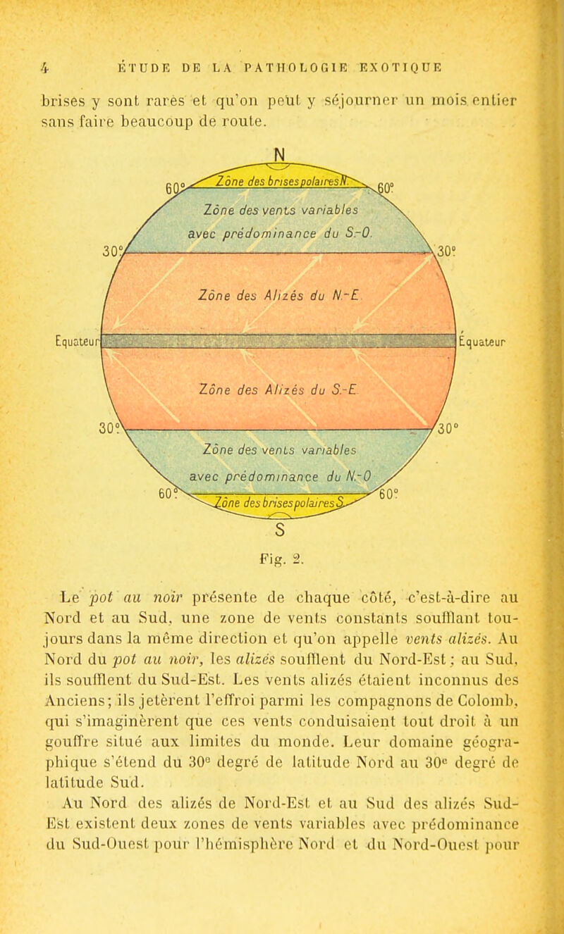 brises y sont rares et qu'on peut y séjourner un mois entier sans faire beaucoup de route. N S Fig. 2. Le pot au noir présente de chaque côté, c'est-à-dire au Nord et au Sud. une zone de vents constants soufflant tou- jours dans la même direction et qu'on appelle vents alizés. Au Nord du pot aie noir, les alizés soufflent du Nord-Est ; au Sud, ils soufflent du Sud-Est. Les vents alizés étaient inconnus des Anciens; ils jetèrent l'effroi parmi les compagnons de Colomb, qui s'imaginèrent que ces vents conduisaient tout droit à un gouffre situé aux limites du monde. Leur domaine géogra- phique s'étend du 30° degré de latitude Nord au 30e degré de latitude Sud. Au Nord des alizés de Nord-Est et au Sud des alizés Sud- Est existent deux zones de vents variables avec prédominance du Sud-Ouest pour l'hémisphère Nord et du Nord-Oucsl pour