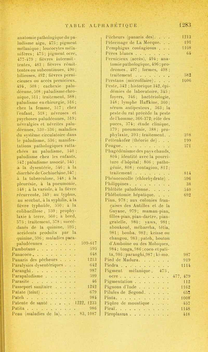 anatomie pathologique du pa- ludisme aigu, 47a: pigmenl mélanique ; leucocytes méla- nifères; 175; pigment ocre, 477-479 ; lièvres inlermit- lenlcs, 483 ; fièvres rémit- tentes ou subcoulinues, 490; bilieuses, 492 ; lièvTes perni- cieuses ou accès pernicieux. 494, 508; cachexie palu- déenne, 508 ; paludisme chro- nique, 511; traitement, 588; paludisme en chirurgie, 510; chez la femme, 517; chez l'enfant, 518; névroses et psychoses paludéennes, 519; névralgies et névrites palu- déennes, 530-5.10; maladies du système circulatoire dans le paludisme, 536; manifes- tations pathologiques ratta- chées au paludisme, 540 ; paludisme chez les enfants, 542 ; paludisme associé, 545 ; à la dysenterie, 540; à la diarrhée de Cochinchiine,547 ; à la tuberculose, 548 ; à la pleurésie, à la pneumonie, 548 ; à la variole, à la fièvre récurrente, 549 ; au typhus, au scorbut, à la syphilis, à la fièvre typhoïde, 550 ; à la colibacillose , 559 ; prophy- laxie à terre, 500 ; à bord, 575 ; traitement, 578 ; succé- danés de la quinine, 595; accidents produits par la quinine, 590 ; maladies para- paludéennes 599-017 Pambolano 595 Pauacoco 048 Panaris des pêcheurs .... 1213 Paralysies dysentériques . . . 042 Paranghi 987 Parapaludismc 599 Parasite 40 Passeport sanitaire 1242 Patate (teint) 079 Palch 984 Patente de santé 1222, 1233 Patita 986 Peau (maladies de la). ... 83, 1087 Pécheurs (panaris des). . . . Pèlerinage de La Mecque. . . Pemphigus conlagiosus . . . Pères blancs Pernicieux (accès), 494; ana- tomie pathologique, 496 ; pro- dromes , 497 ; formes, 498 ; traitement ........ Perstans (microlilaire).... Peste, 342 ; historique 342, épi- démies de laboratoire, 345 ; foyers, 346 ; bactériologie, 348; lymphe Haffkine, 360; sérum antipestoux , 303 ; la peste du rat précède la peste de l'homme, 306-372; rôle des puces, 374; élude clinique, 379; pneumonie, 388; pro- phylaxie, 393; traitement. . Peltenkofer (théorie de) . . . Peugue Phagédénismedes pays chauds, 804; identité avec la pourri- ture d'hôpital; 800; patho- génie, 808 ; contagion, 812; traitement Phénococolle (chlorhydrate) . Philippines Phlébite paludéenne Phlébolomie hépatique. . . . Pian, 978 ; aux colonies fran- çaises des Antilles et de la Guyane, 979; maman-pian, filles-pian, pian-dartre, pian- gratelle, 980; yaws, 981; aboukoué, mébarrha, létia, 981; bouba, 982; keisse ou changou, 983 ; patch, boulon d'Amboinc ou des Moluques, 984; tonga, 980; coco et pati- ta, 980 ; paranglii,987 ; ki-mo. Pied de Madura Picdra Pigment mélanique, 475, ocre 477 Pigmcnlation Pignons d'Inde Pilules de Segond Pinla Piqûre de moustique .... Piraï Piroplasma 1213 191 1 lus 64 582 1000 398 199 571 814 596 38 540 092 987 919 1114 479 112 1162 652 1008 457 1118 418