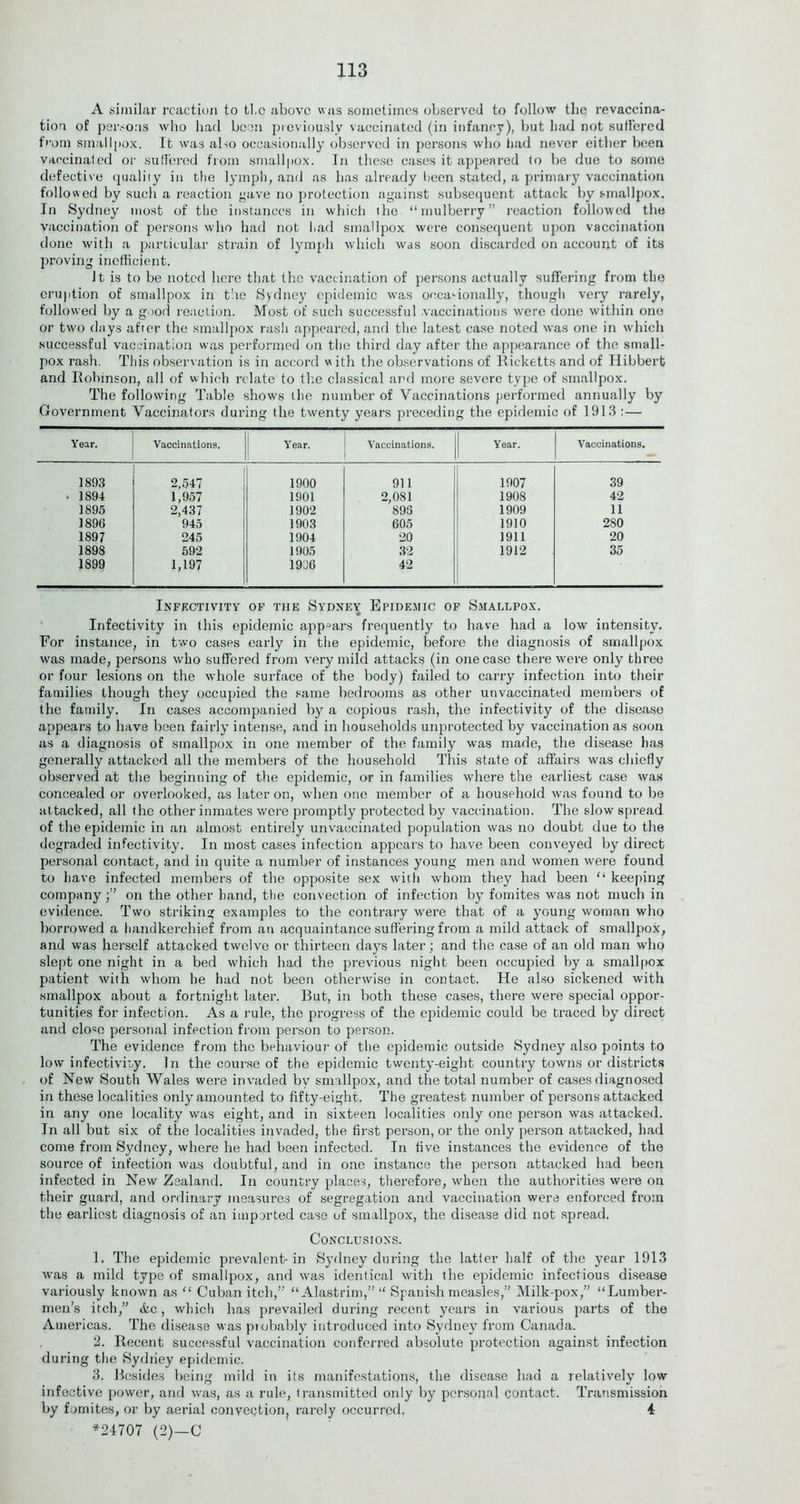 A similar reaction to tl.c above was sometimes observed to follow the revaccina- tion of persons who had been previously vaccinated (in infancy), but had not suffered from smallpox. It was also occasionally observed in persons who had never either been vaccinated or suffered from smallpox. In these cases it appeared to be due to some defective qualiiy in the lymph, and as has already been stated, a primary vaccination followed by such a reaction gave no protection against subsequent attack by smallpox. In Sydney most of the instances in which ihe “mulberry” reaction followed the vaccination of persons who had not had smallpox were consequent upon vaccination done with a particular strain of lymph which was soon discarded on account of its proving inefficient. It is to be noted here that the vaccination of persons actually suffering from the eruption of smallpox in the Sydney epidemic was occasionally, though very rarely, followed by a good reaction. Most of such successful vaccinations were done within one or two days after the smallpox rash appeared, and the latest case noted was one in which successful vaccination was performed on the third day after the appearance of the small- pox rash. This observation is in accord with the observations of Ricketts and of Hibbert and Robinson, all of which relate to the classical and more severe type of smallpox. The following Table shows the number of Vaccinations performed annually by Government Vaccinators during the twenty years preceding the epidemic of 1913 :— Year. Vaccinations. Year. Vaccinations. Year. Vaccinations. 1893 2,547 1900 911 1907 39 . 1894 1,957 1901 2,081 1908 42 1895 2,437 1902 893 1909 11 1896 945 1903 605 1910 280 1897 245 1904 20 1911 20 1898 592 1905 32 1912 35 1899 1,197 1996 42 Infectivity of the Sydney Epidemic of Smallpox. • Infectivity in this epidemic appears frequently to have had a low intensity. For instance, in two cases early in the epidemic, before the diagnosis of smallpox was made, persons who suffered from very mild attacks (in one case there were only three or four lesions on the whole surface of the body) failed to carry infection into their families though they occupied the same bedrooms as other unvaccinated members of the family. In cases accompanied by a copious rash, the infectivity of the disease appears to have been fairly intense, and in households unprotected by vaccination as soon as a diagnosis of smallpox in one member of the family was made, the disease has generally attacked all the members of the household This state of affairs was chiefly observed at the beginning of the epidemic, or in families where the earliest case was concealed or overlooked, as later on, when one member of a household was found to he attacked, all the other inmates were promptly protected by vaccination. The slow spread of the epidemic in an almost entirely unvaccinated population was no doubt due to the degraded infectivity. In most cases infection appears to have been conveyed by direct personal contact, and in quite a number of instances young men and women were found to have infected members of the opposite sex with whom they had been “ keeping company ;” on the other hand, the convection of infection by fomites was not much in evidence. Two striking examples to the contrary were that of a young woman who borrowed a handkerchief from an acquaintance suffering from a mild attack of smallpox, and was herself attacked twelve or thirteen days later; and the case of an old man who slept one night in a bed which had the previous night been occupied by a smallpox patient with whom he had not been otherwise in contact. He also sickened with smallpox about a fortnight later. But, in both these cases, there were special oppor- tunities for infection. As a rule, the progress of the epidemic could be traced by direct and clo«c personal infection from person to person. The evidence from the behaviour of the epidemic outside Sydney also points to low infectivity. In the course of the epidemic twenty-eight country towns or districts of New South Wales were invaded by smallpox, and the total number of cases diagnosed in these localities only amounted to fifty-eight. The greatest number of persons attacked in any one locality was eight, and in sixteen localities only one person was attacked. In all but six of the localities invaded, the first person, or the only person attacked, had come from Sydney, where he had been infected. In five instances the evidence of the source of infection was doubtful, and in one instance the person attacked had been infected in New Zealand. In country places, therefore, when the authorities were on their guard, and ordinary measures of segregation and vaccination were enforced from the earliest diagnosis of an imported case of smallpox, the disease did not spread. Conclusion's. 1. The epidemic prevalent-in Sydney during the latter half of the year 1913 was a mild type of smallpox, and was identical with the epidemic infectious disease variously known as “ Cuban itch,” “ Alastrim,” “ Spanish measles,” Milk-pox,” “Lumber- men’s itch,” ifec, which has prevailed during recent years in various parts of the Americas. The disease was ptobably introduced into Sydney from Canada. 2. Recent successful vaccination conferred absolute protection against infection during the Sydney epidemic. 3. Resides being mild in its manifestations, the disease had a relatively low infective power, and was, as a rule, transmitted only by persona] contact. Transmission by fomites, or by aerial convection, rarely occurred, 4 *24707 (2)—C