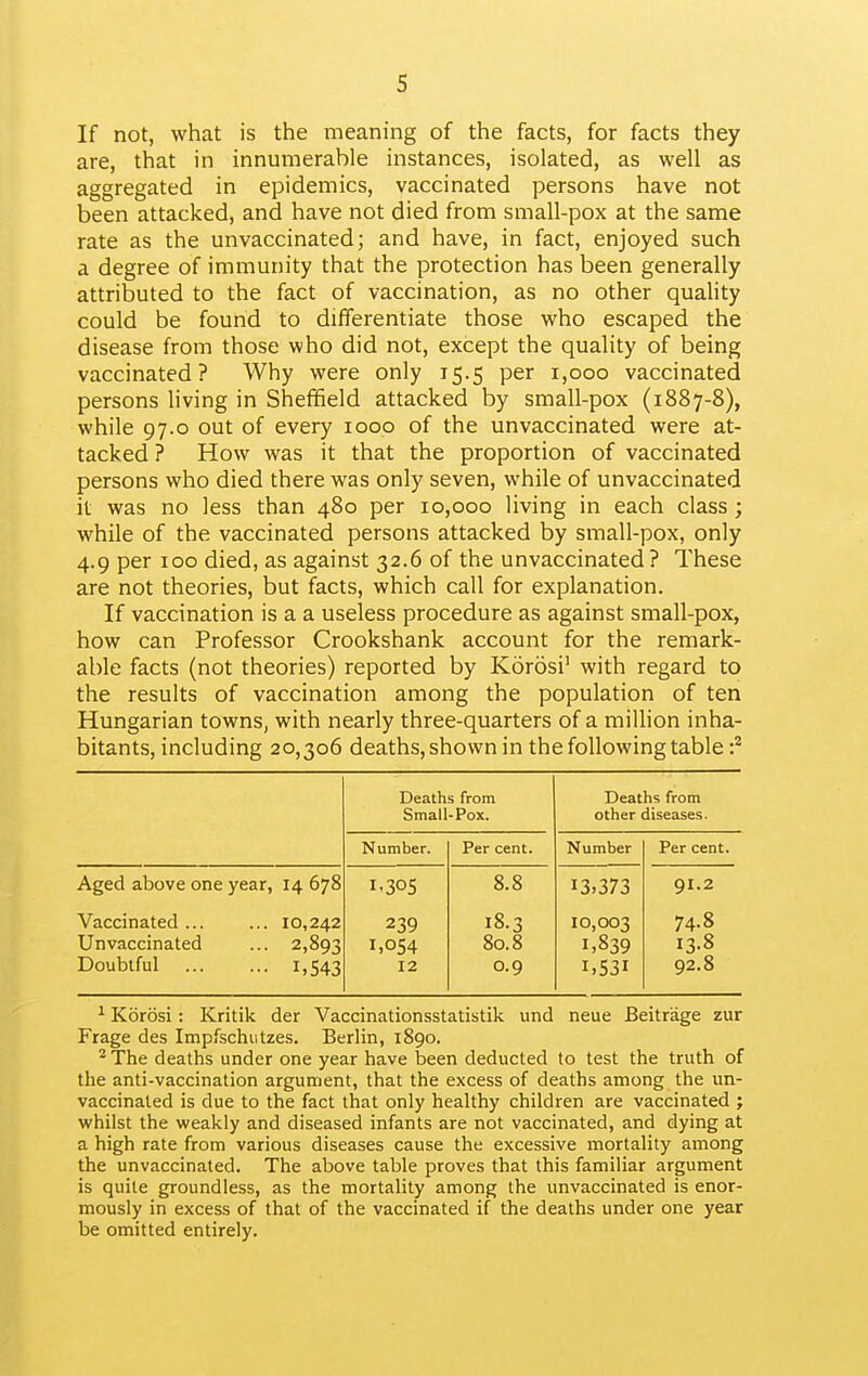 If not, what is the meaning of the facts, for facts they are, that in innumerable instances, isolated, as well as aggregated in epidemics, vaccinated persons have not been attacked, and have not died from small-pox at the same rate as the unvaccinated; and have, in fact, enjoyed such a degree of immunity that the protection has been generally attributed to the fact of vaccination, as no other quality could be found to differentiate those who escaped the disease from those who did not, except the quality of being vaccinated? Why were only 15.5 per 1,000 vaccinated persons living in Sheffield attacked by small-pox (1887-8), while 97.0 out of every 1000 of the unvaccinated were at- tacked ? How was it that the proportion of vaccinated persons who died there was only seven, while of unvaccinated it was no less than 480 per 10,000 living in each class; while of the vaccinated persons attacked by small-pox, only 4.9 per 100 died, as against 32.6 of the unvaccinated ? These are not theories, but facts, which call for explanation. If vaccination is a a useless procedure as against small-pox, how can Professor Crookshank account for the remark- able facts (not theories) reported by Kordsi' with regard to the results of vaccination among the population of ten Hungarian towns, with nearly three-quarters of a million inha- bitants, including 20,306 deaths, shown in the following table •? Deaths from Small-Pox. Deaths from other diseases. Number. Per cent. Number Per cent. Aged above one year, 14 678 I-305 8.8 13,373 91.2 Vaccinated ... 10,242 239 18.3 10,003 74.8 Unvaccinated 2,893 1,054 80.8 1,839 13.8 Doubtful 1,543 12 0.9 1.531 92.8 ^ Korosi: Kritik der Vaccinationsstatistik und neue Beitrage zur Frage des Impfschiitzes. Berlin, 1890. - The deaths under one year have been deducted to test the truth of the anti-vaccination argument, that the excess of deaths among the un- vaccinated is due to the fact that only healthy children are vaccinated ; whilst the weakly and diseased infants are not vaccinated, and dying at a high rate from various diseases cause the excessive mortality among the unvaccinated. The above table proves that this familiar argument is quite groundless, as the mortality among the unvaccinated is enor- mously in excess of that of the vaccinated if the deaths under one year be omitted entirely.