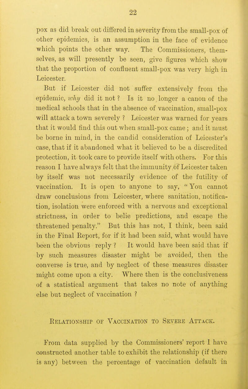 pox as did break out differed in severity from the small-pox of other epidemics, is an assumption in the face of evidence which points the other vray. The Commissioners, them- selves, as will presently be seen, give figures which show that the proportion of confluent small-pox was very high in Leicester. But if Leicester did not suffer extensively from tlie epidemic, ivhy did it not ? Is it no longer a canon of the medical schools that in the absence of vaccination, small-pox will attack a town severely ? Leicester was warned for years that it would find this out when small-pox came; and it must be borne in mind, in the candid consideration of Leicester's case, that if it abandoned what it believed to be a discredited protection, it took care to provide itself with others. For this reason I have always felt that the immunity of Leicester taken by itself was not necessarily evidence of the futilitj' of vaccination. It is open to anyone to say,  You cannot draw conclusions from Leicester, where sanitation, notifica- tion, isolation were enforced with a nervous and exceptional strictness, in order to belie predictions, and escape the threatened penalty. But this bas not, I think, been said in the Final Eeport, for if it had been said, what would have been the obvious reply ? It would have been said thac if by such measures disaster might be avoided, then the converse is true, and by neglect of these measures disaster might come upon a city. Where then is the conclusiveness of a statistical argument that takes no note of anything else but neglect of vaccination ? Eelationship of Vaccination to Severe Attack. From data supplied by the Commissioners' report 1 have constructed another table to exhibit the relationship (if there is any) between the percentage of vaccination default in